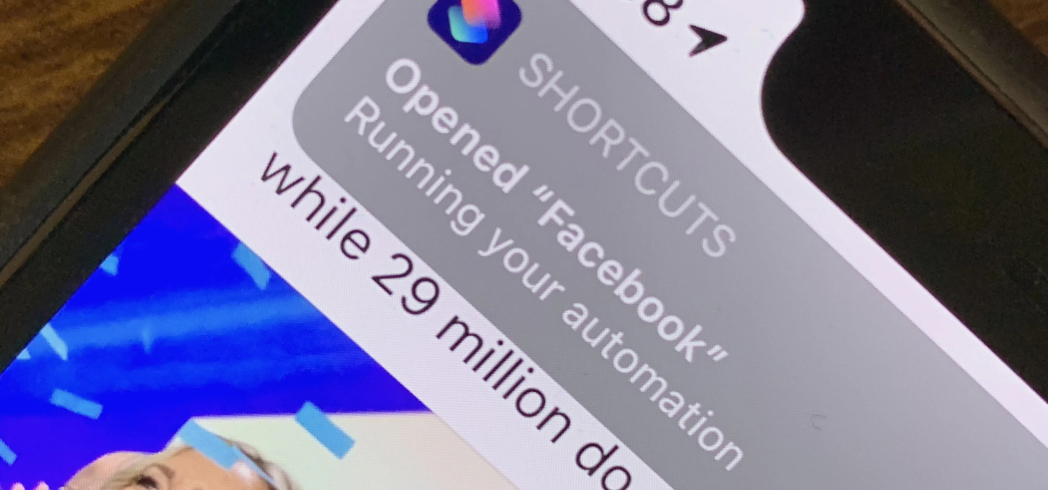 Opened Facebook in Shortcuts app with automation message.