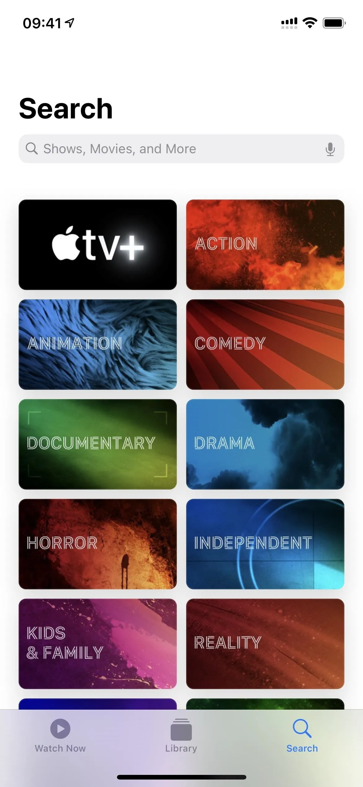 App interface displaying various categories for content search.