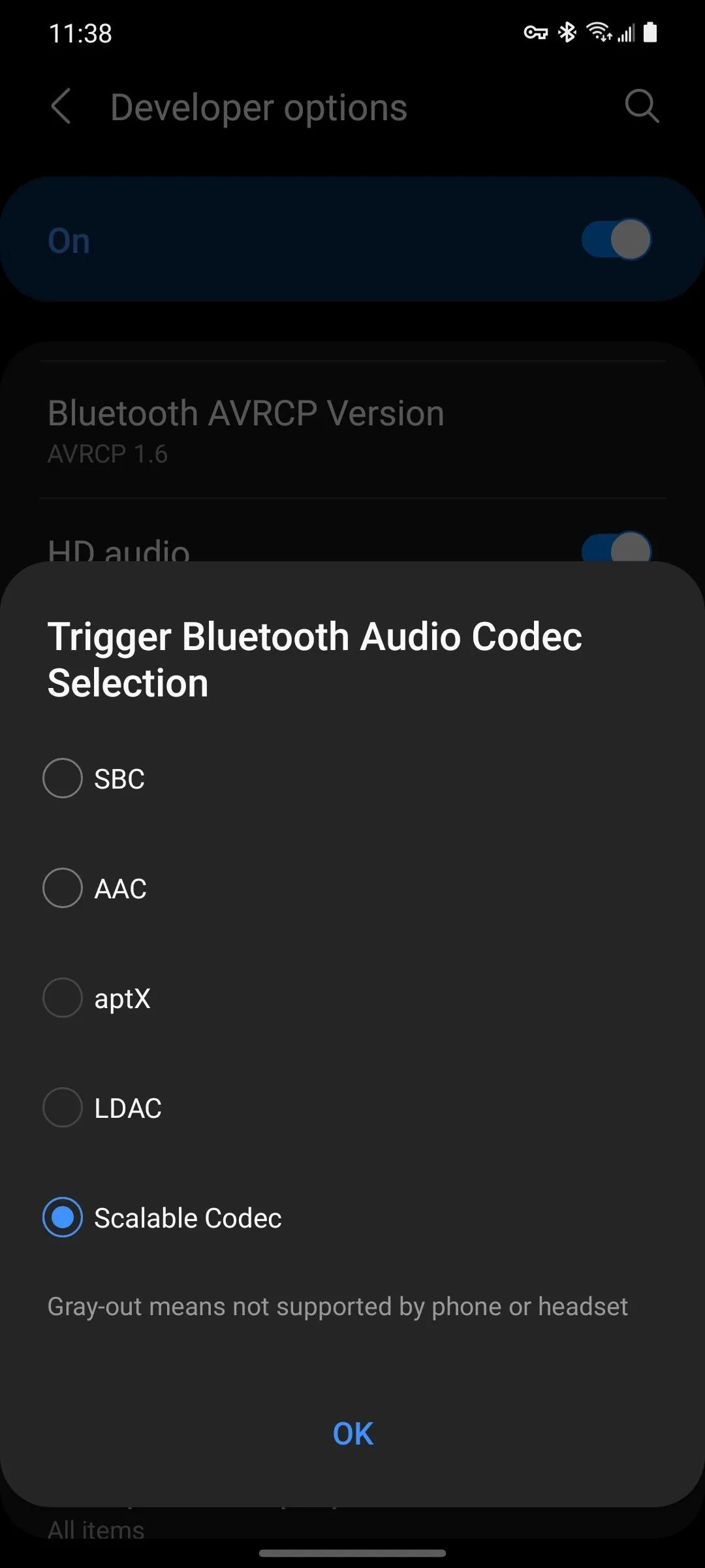 Bluetooth audio codec selection options menu.