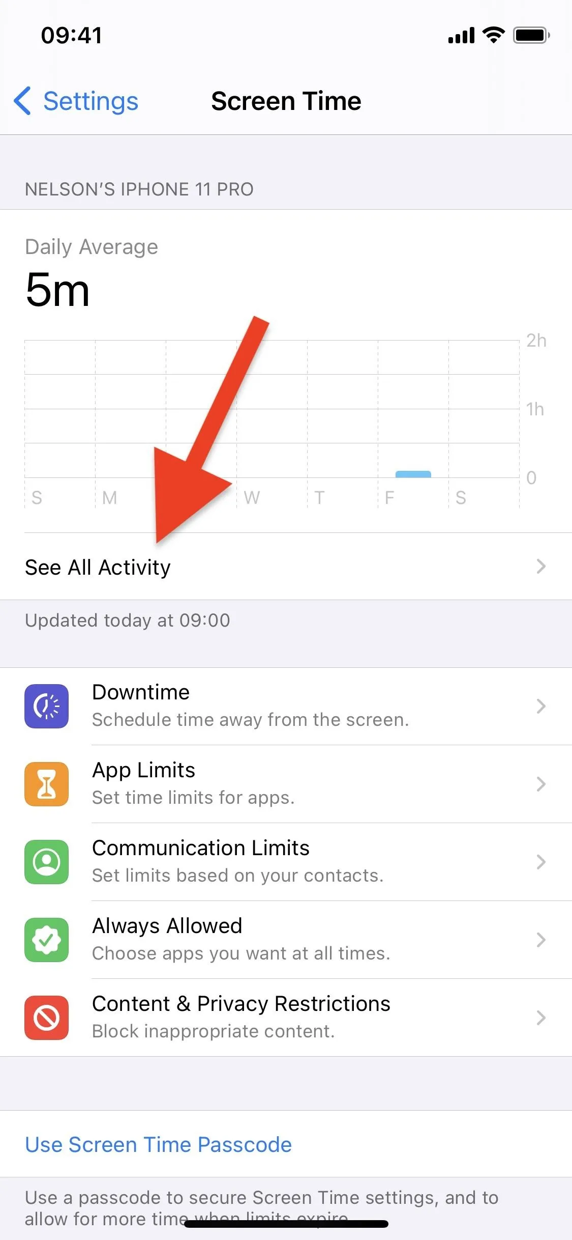 Screen time settings on a mobile device with a focus on daily activity.