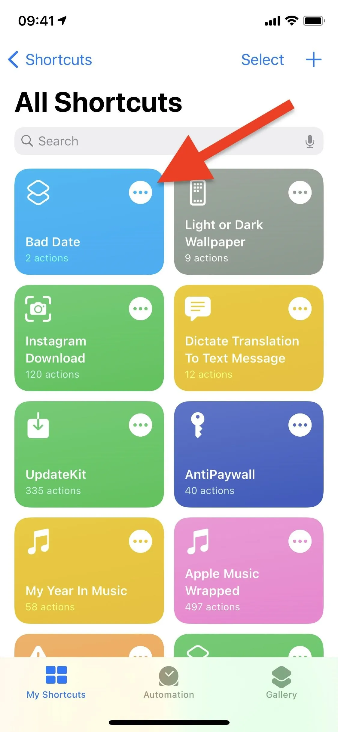 Shortcuts menu on a mobile device showing various app icons.