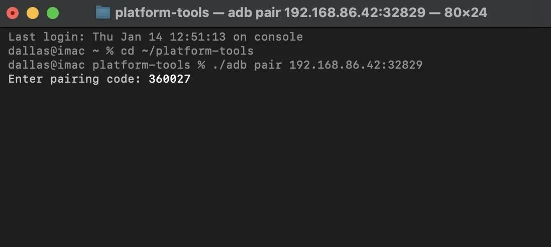 Command line interface displaying ADB (Android Debug Bridge) pairing information.