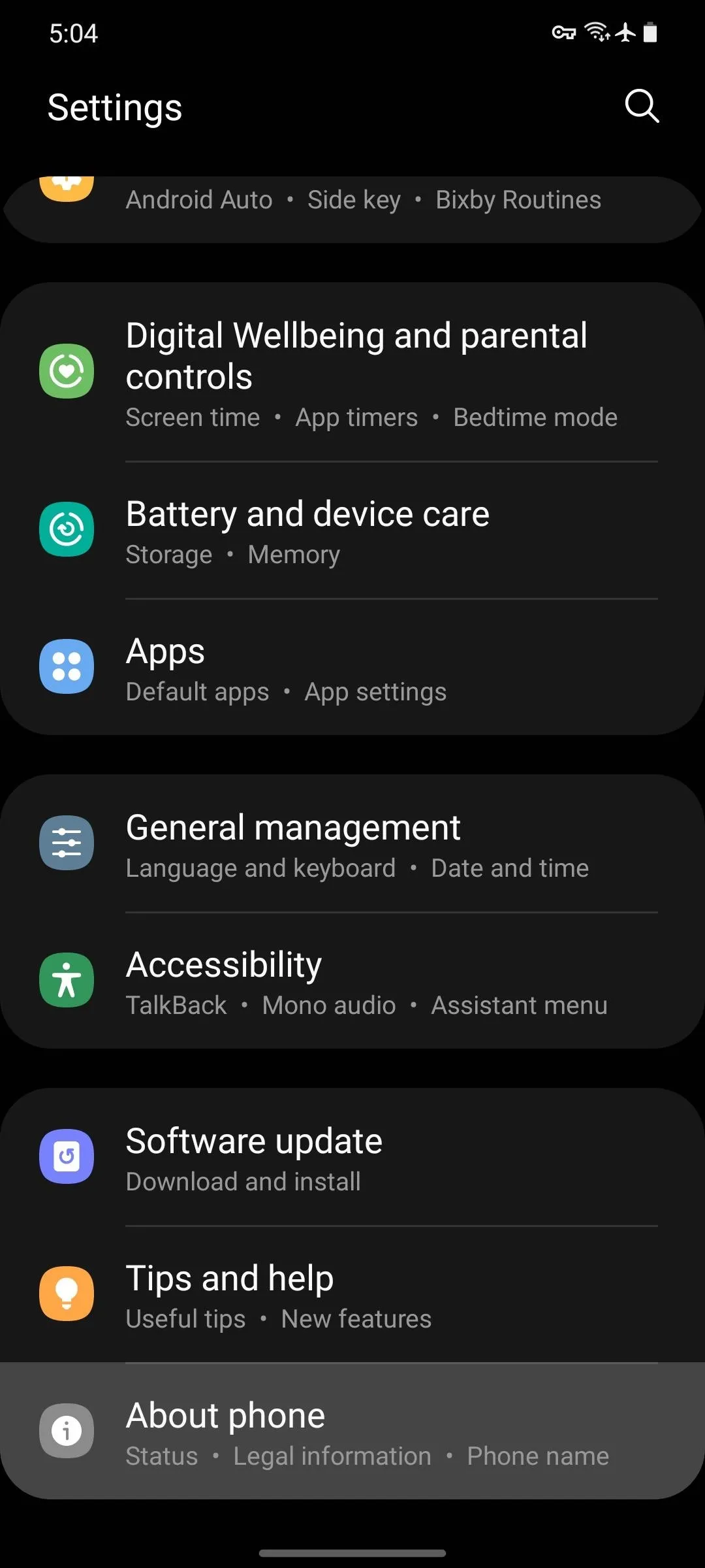 Settings menu on a smartphone displaying options for digital wellbeing, device care, apps, accessibility management, software updates, and administration.