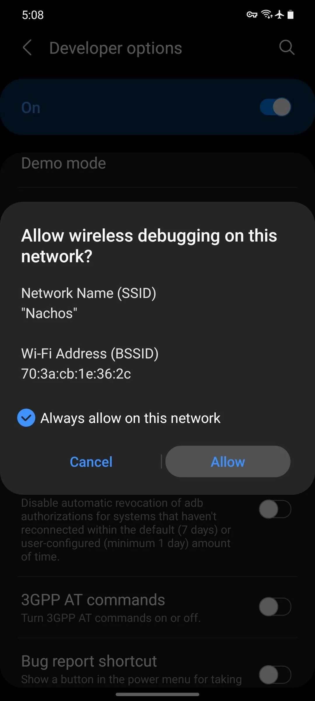 Allow wireless debugging on this network settings screen.