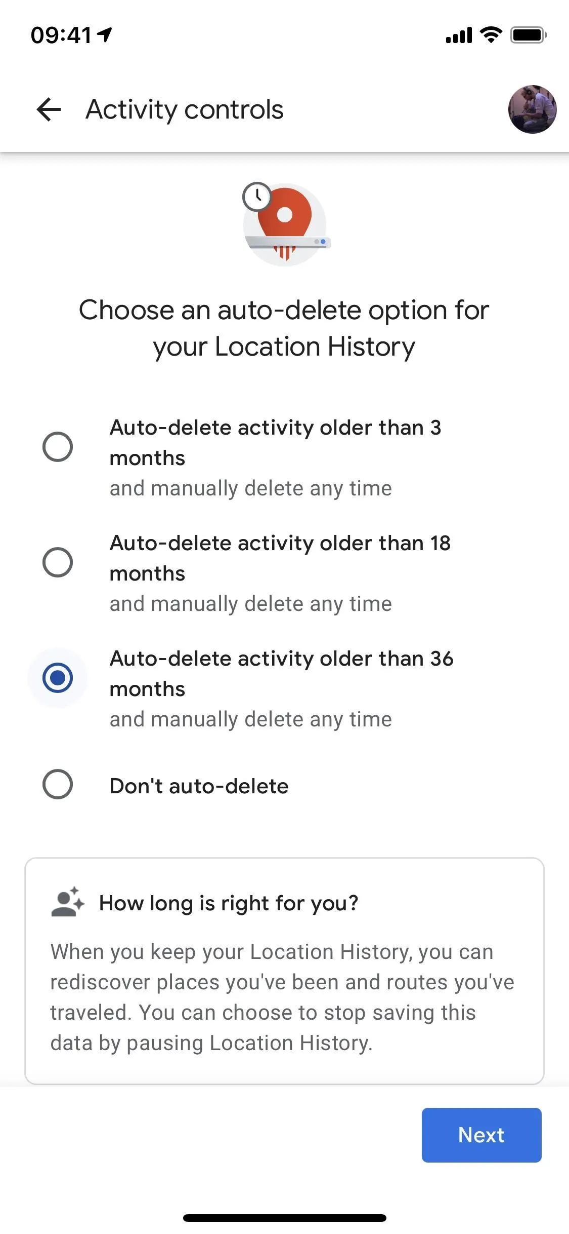 Auto-delete activity controls for location history settings.