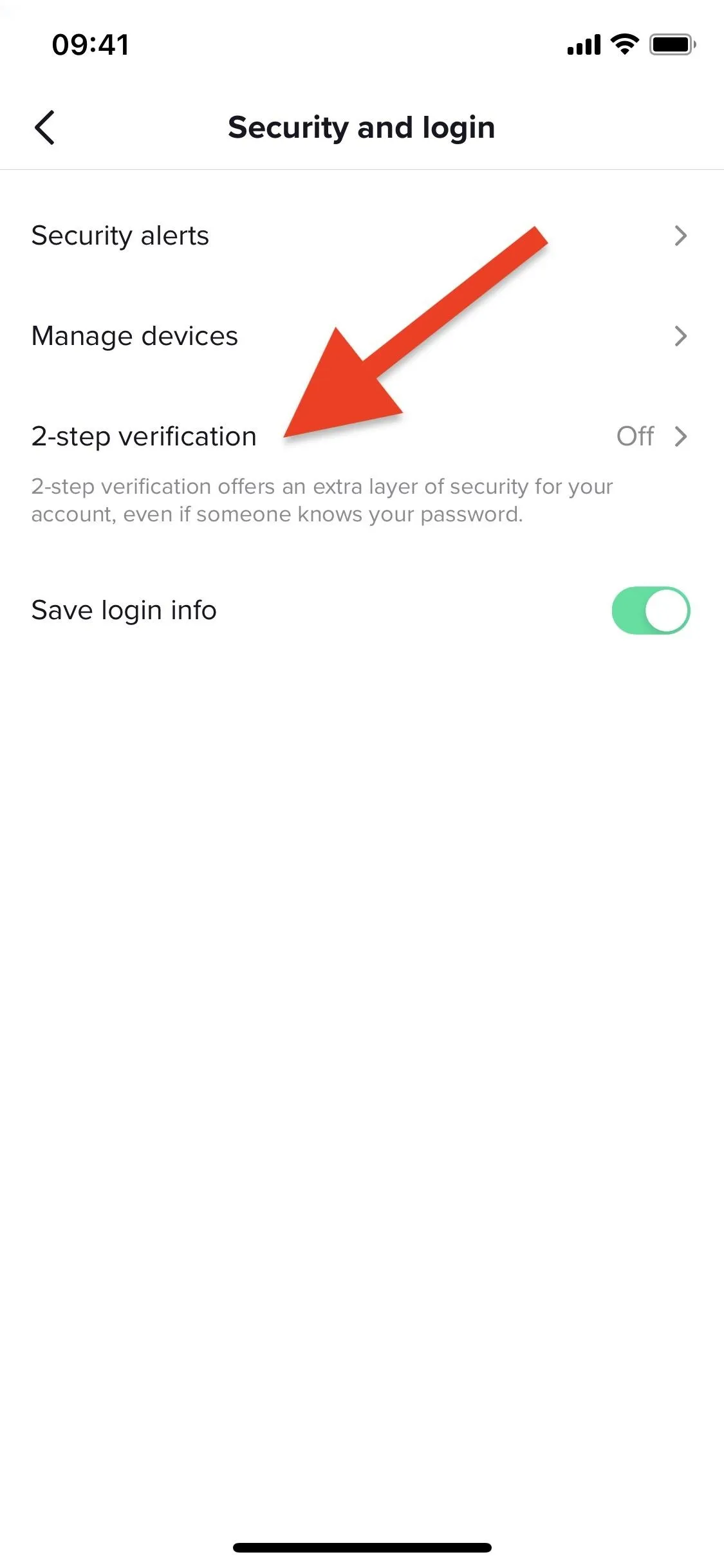Security and login settings with an arrow pointing to the mobile verification option.