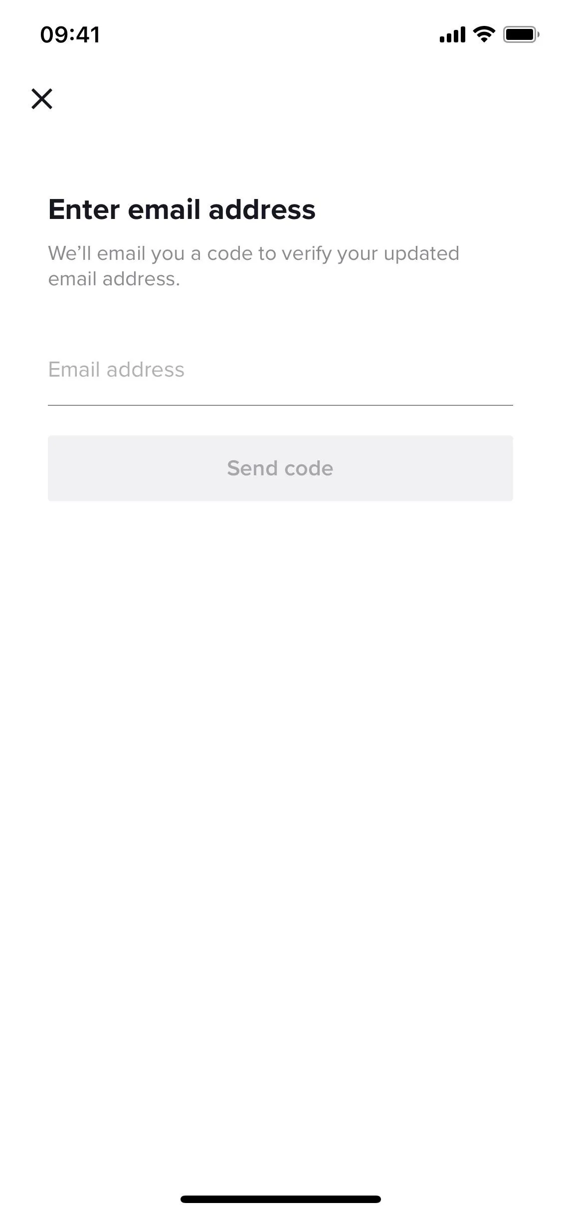 Enter email address input screen on a mobile device.