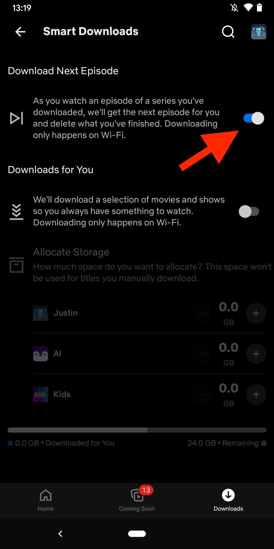 Settings menu with a toggle switch for enabling or disabling automatic downloads.
