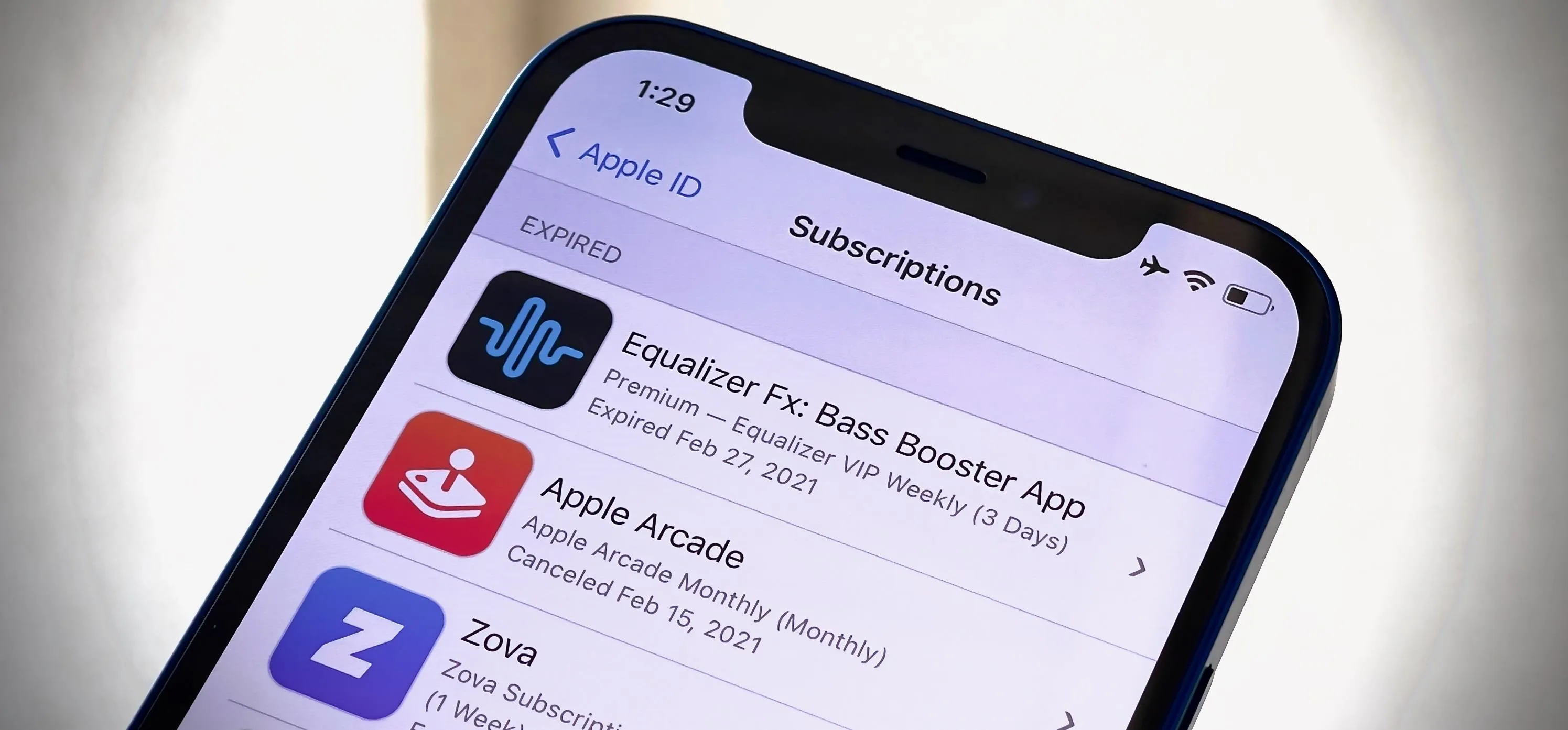 Subscriptions menu on a smartphone showing various apps.