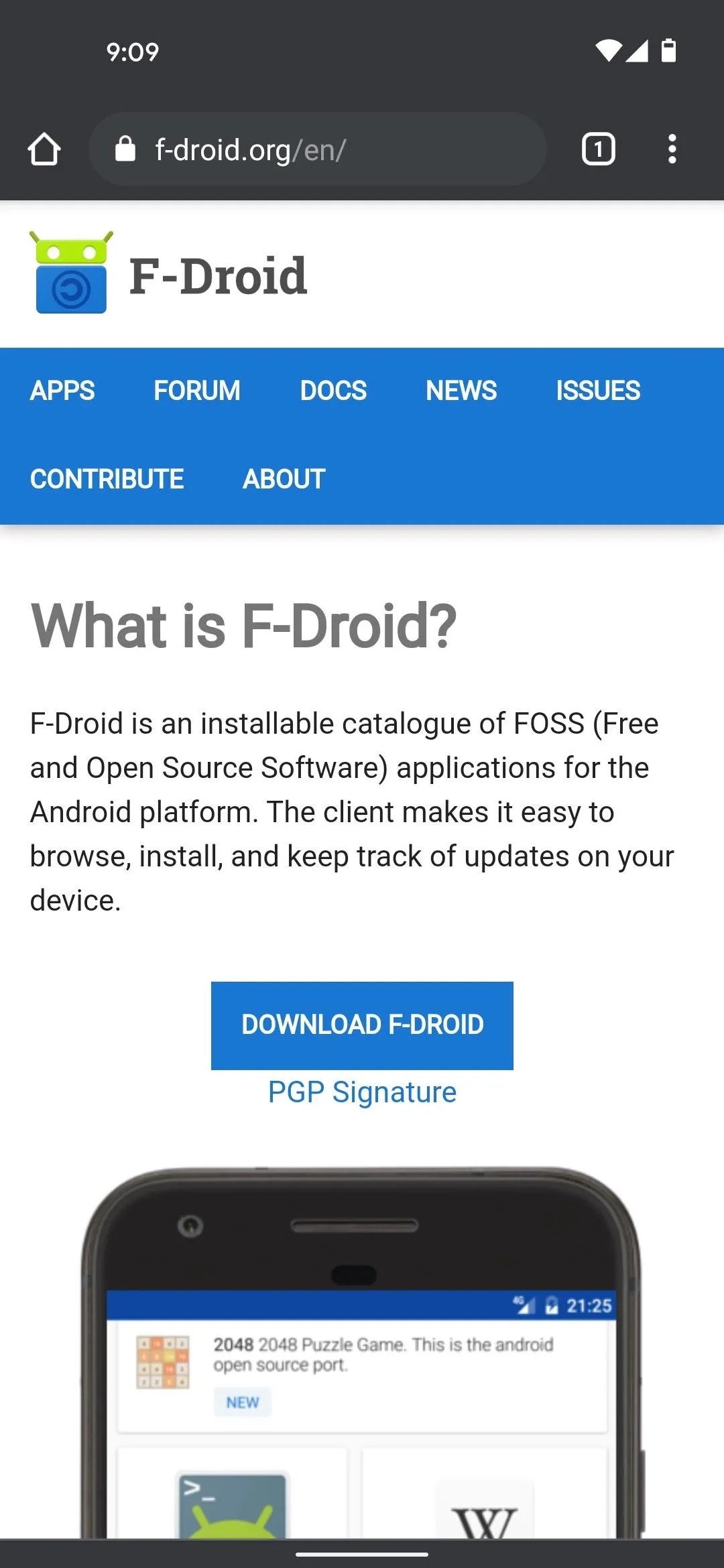 F-Droid homepage showcasing information about the F-Droid application and its features.