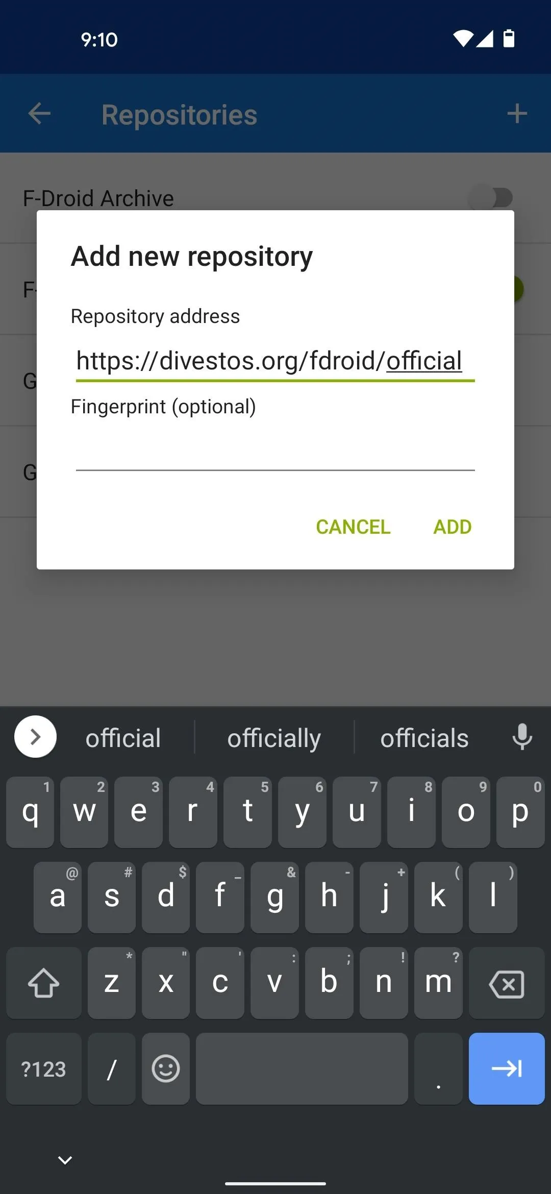 Adding a new repository in a mobile app interface.