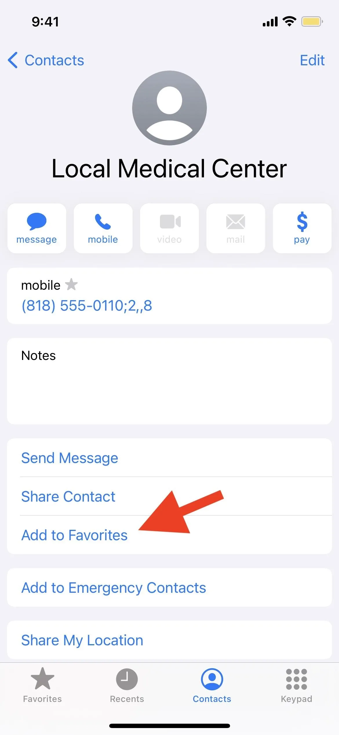 Local Medical Center contact information and options to add to favorites or emergency contacts.