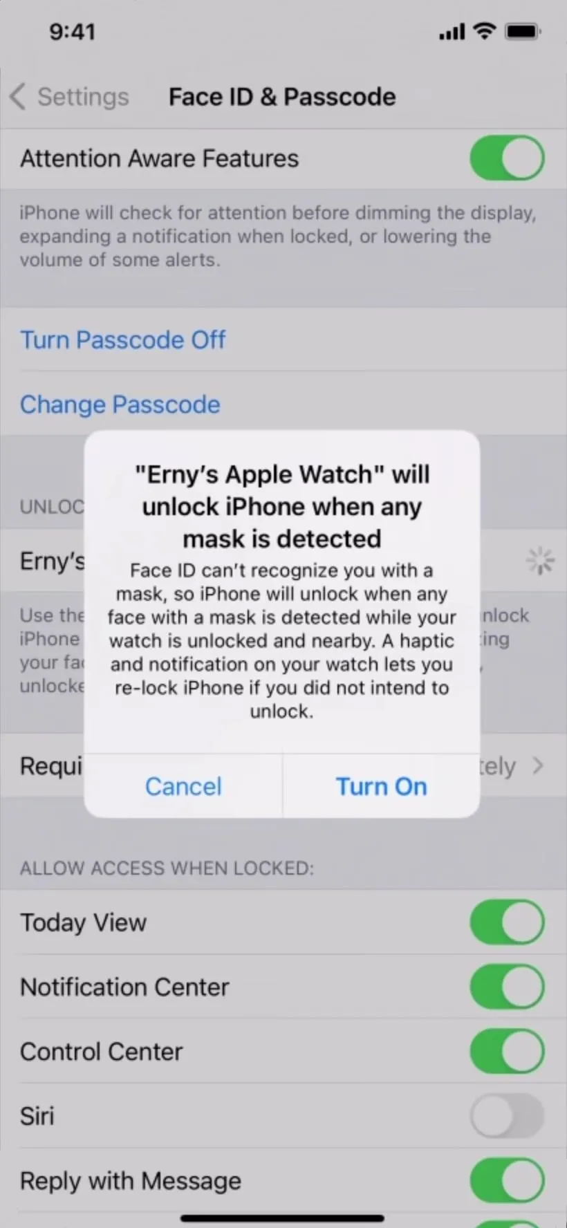 Settings menu on a smartphone displaying options for enabling or disabling attention aware features.