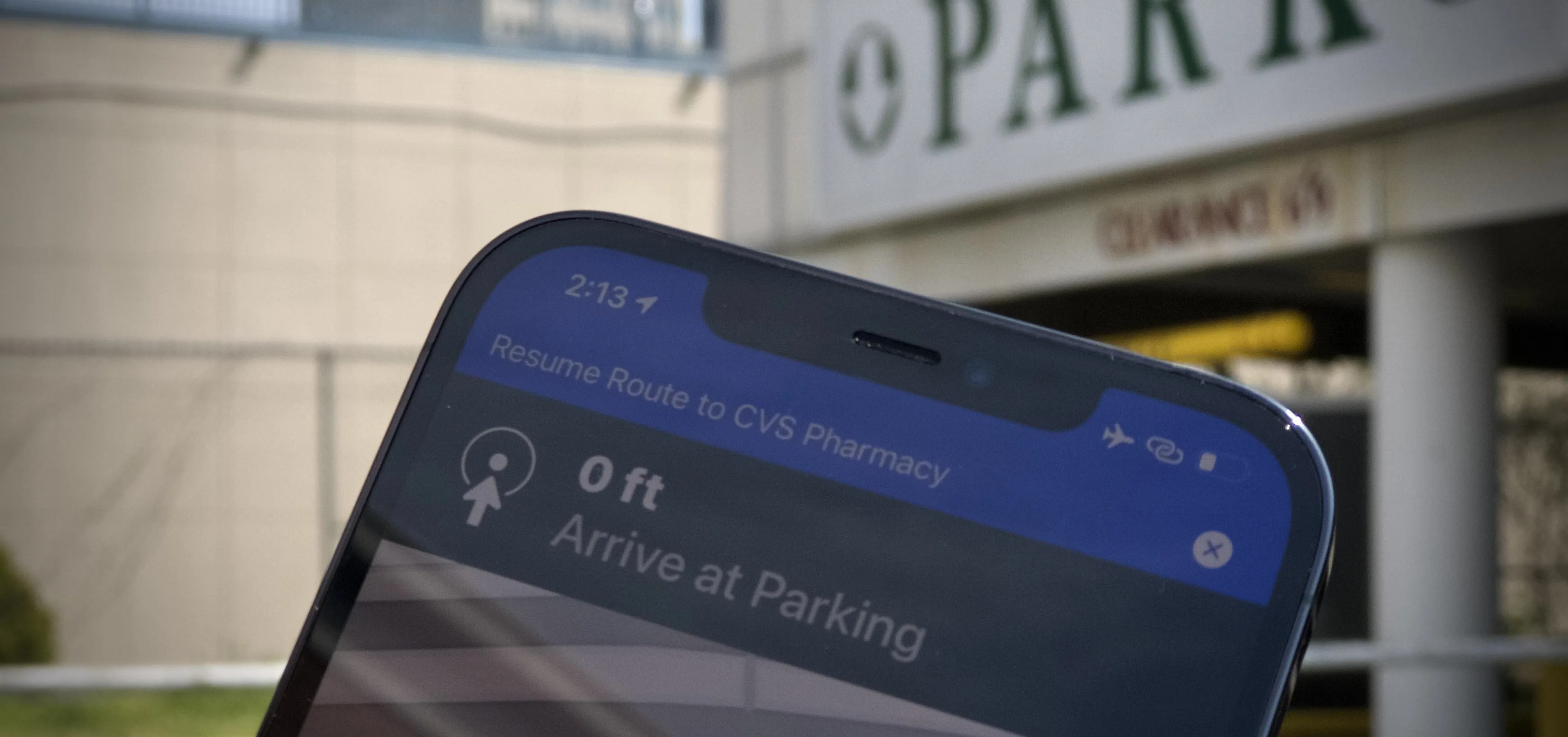 Mobile phone screen displaying navigation to a parking lot.