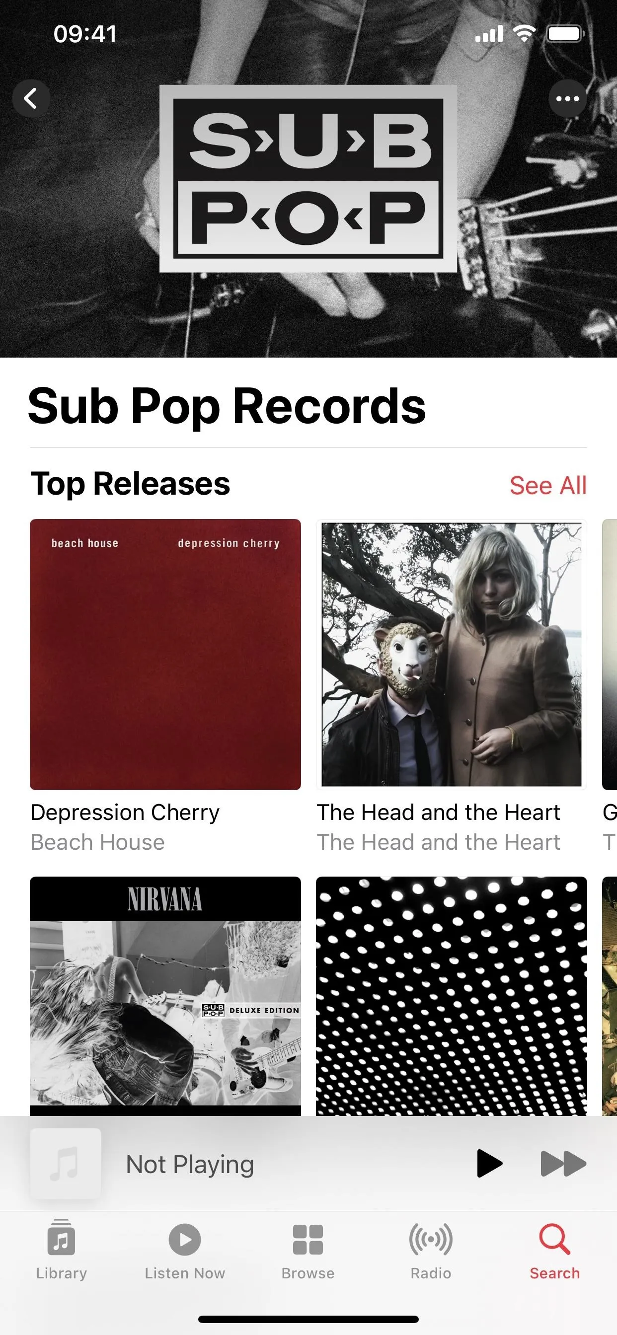 Sub Pop Records top releases display on a mobile interface.