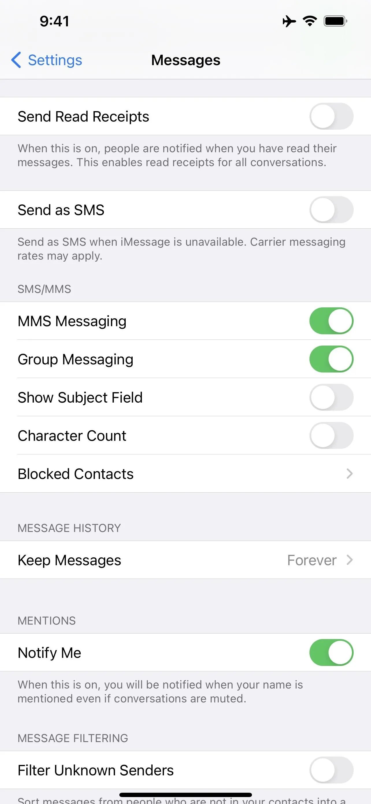 Mobile settings screen with options for sending read receipts, managing iMessage features, and enabling/disabling notifications.