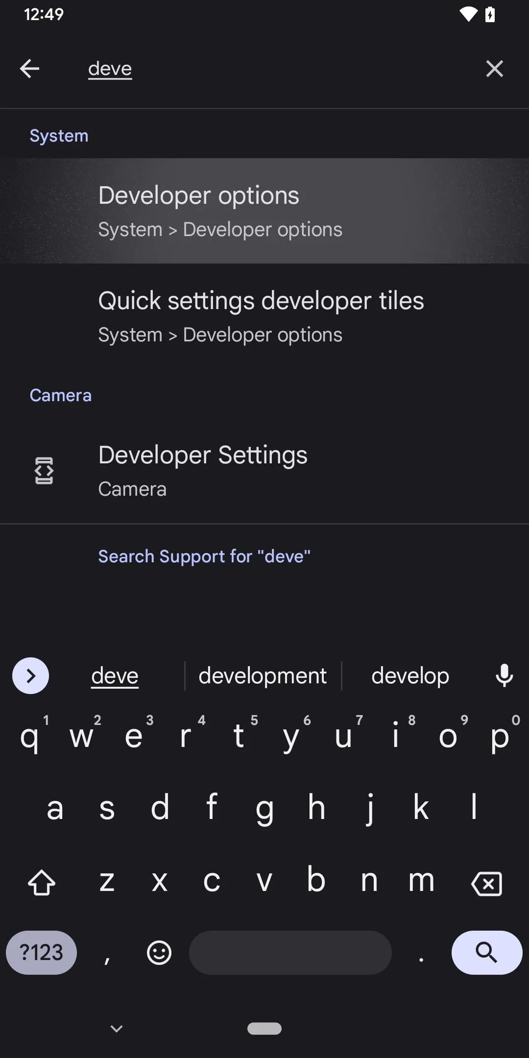 Developer settings menu on a mobile device.
