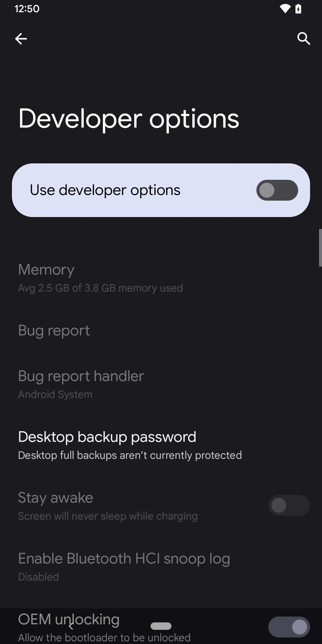 Developer options menu on a mobile device settings screen.