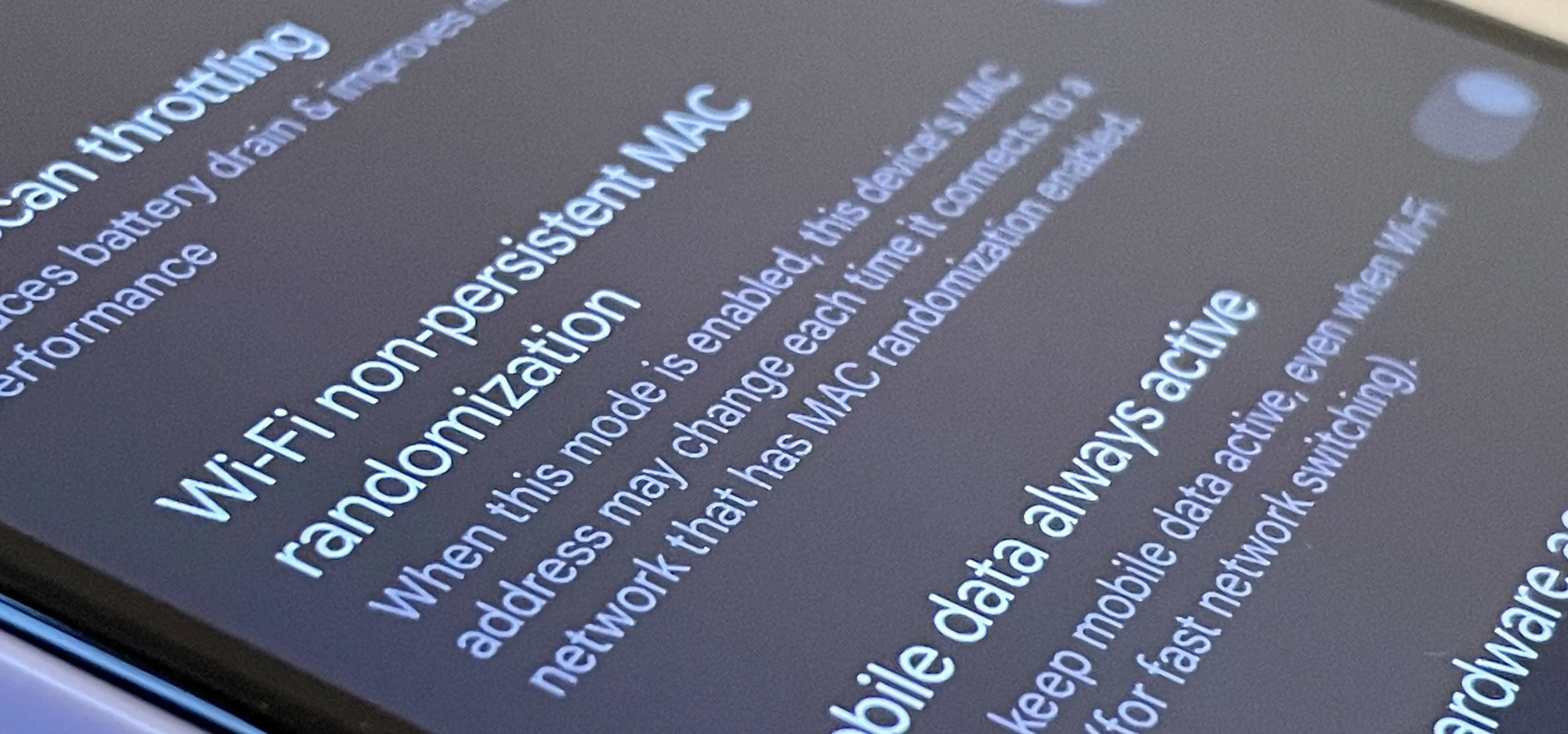 Settings menu on a smartphone displaying various network and data options.