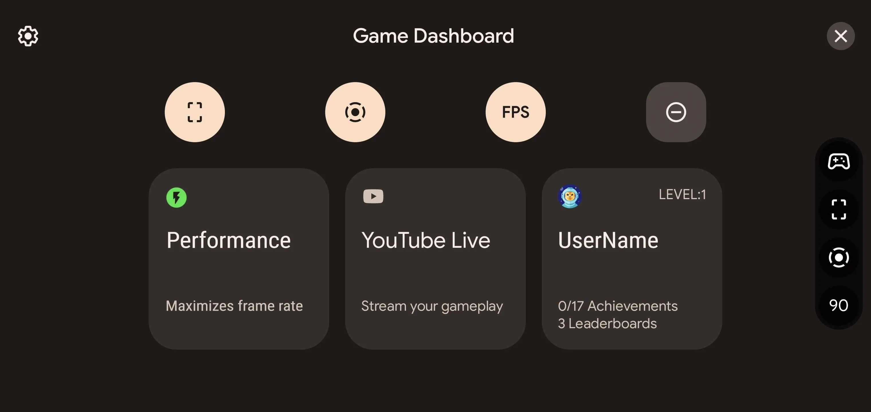 Game dashboard interface with performance metrics, YouTube live options, and user achievements.