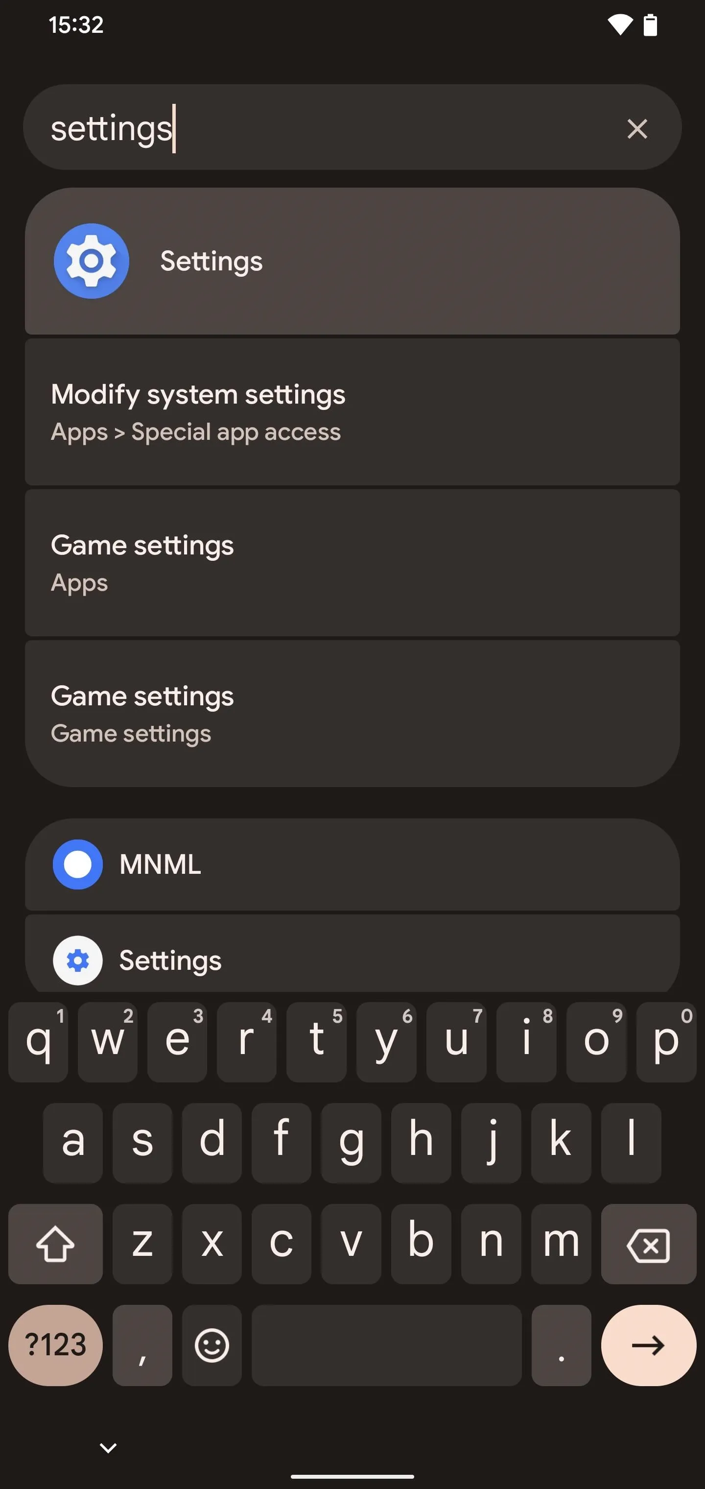 Search results for "settings" on mobile device.