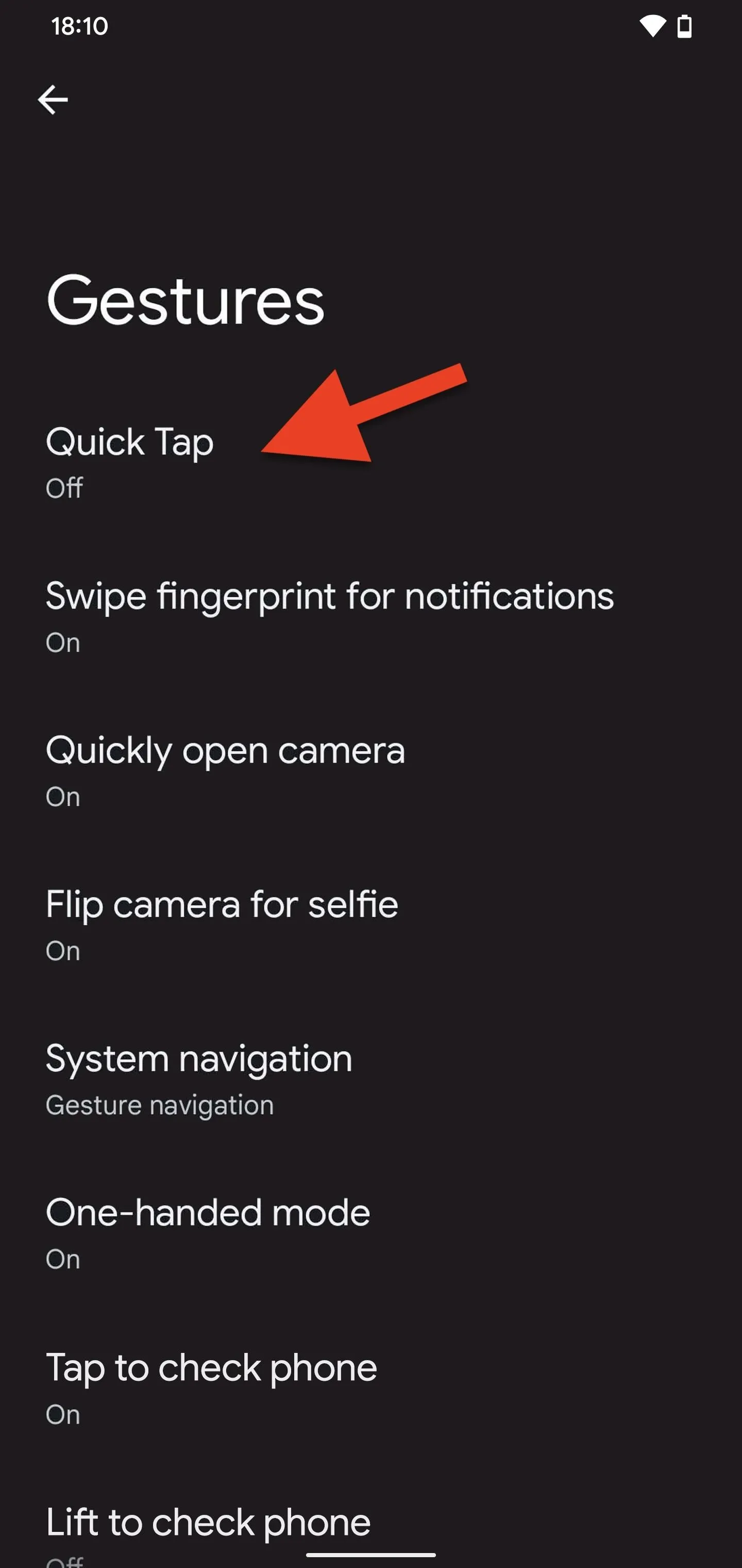 Gestures settings menu with 'Quick Tap' option highlighted.