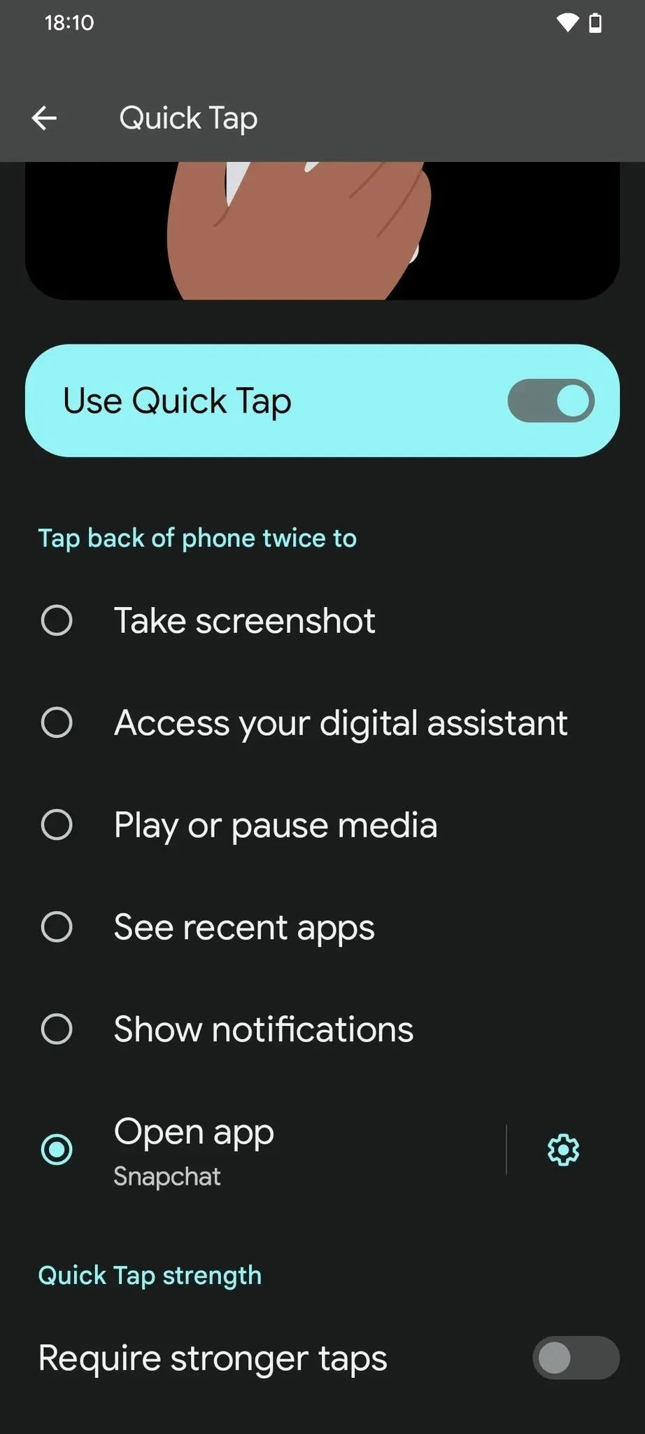Settings menu for Quick Tap feature on a mobile device.