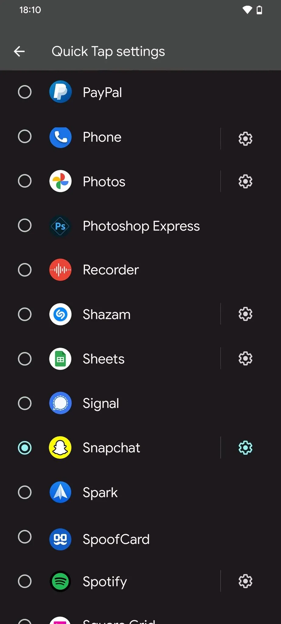 Quick Tap settings menu with various app icons.