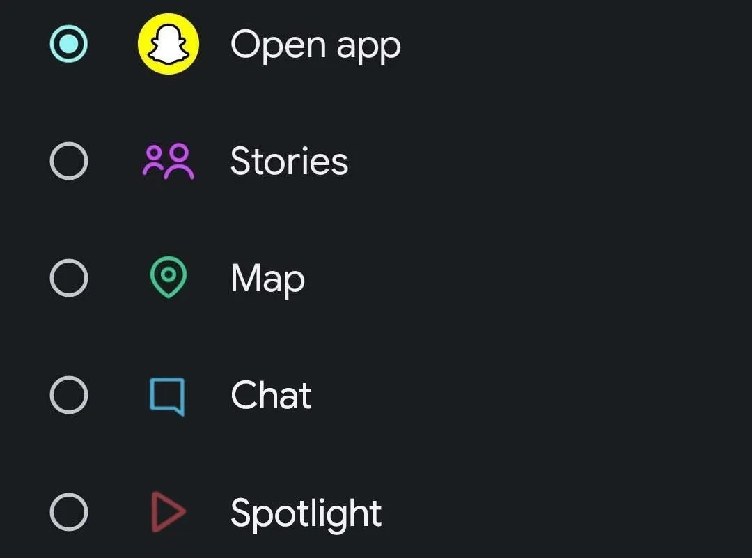 Snapchat app navigation menu with options: Open app, Stories, Map, Chat, and Spotlight.
