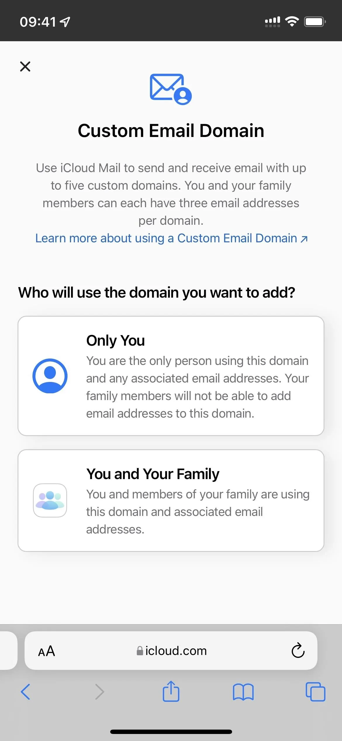 Custom email domain setup instructions on a mobile device.