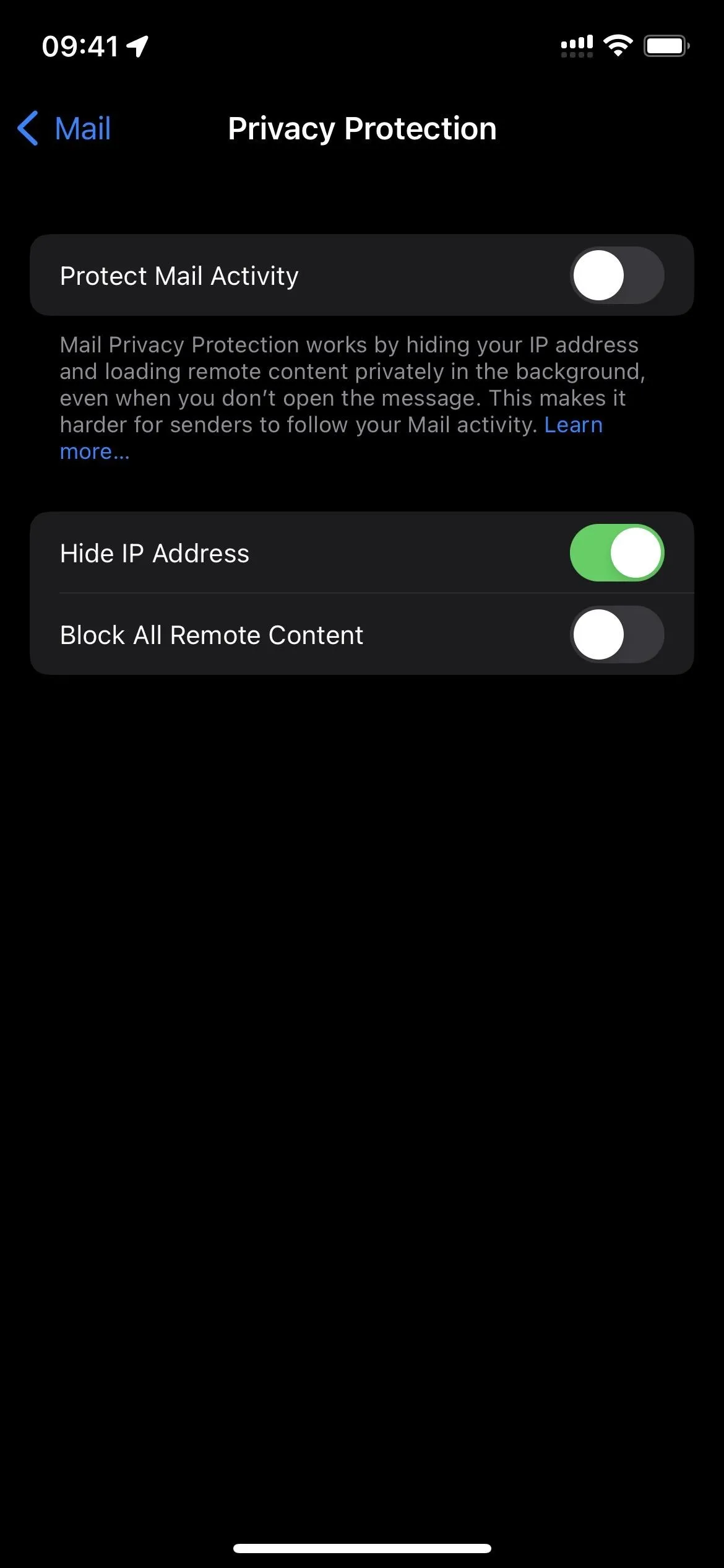 Privacy settings screen on a mobile device.