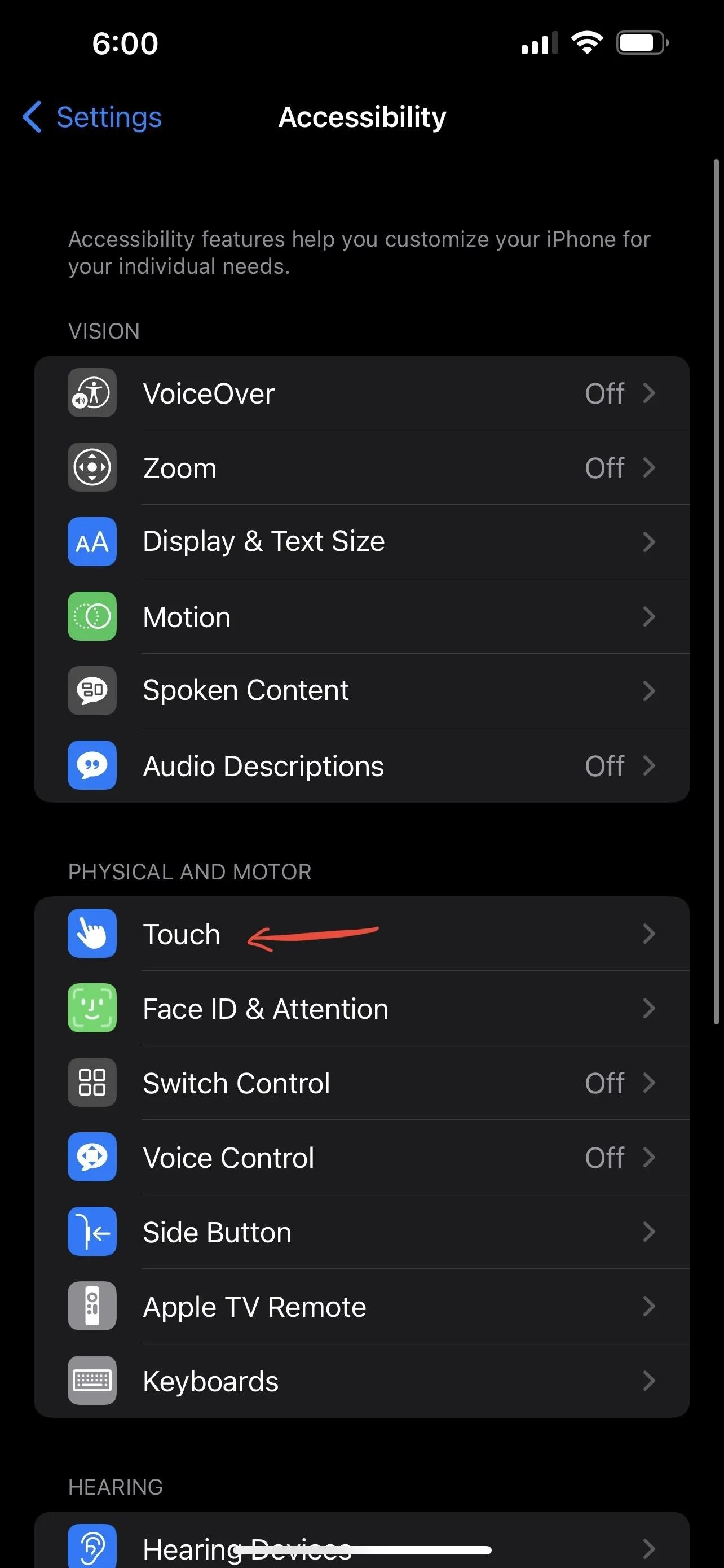 Accessibility settings menu on a mobile device.