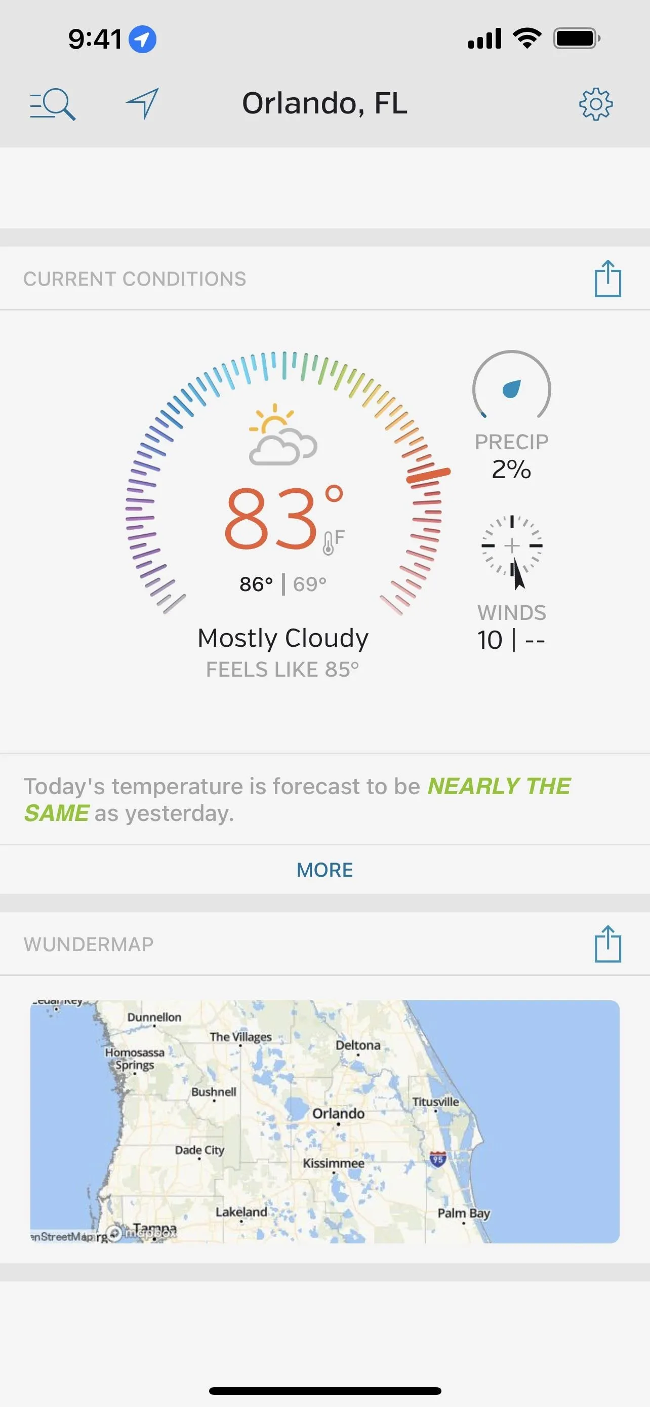 Weather app displaying current conditions, temperature at 83°F, and a map view.