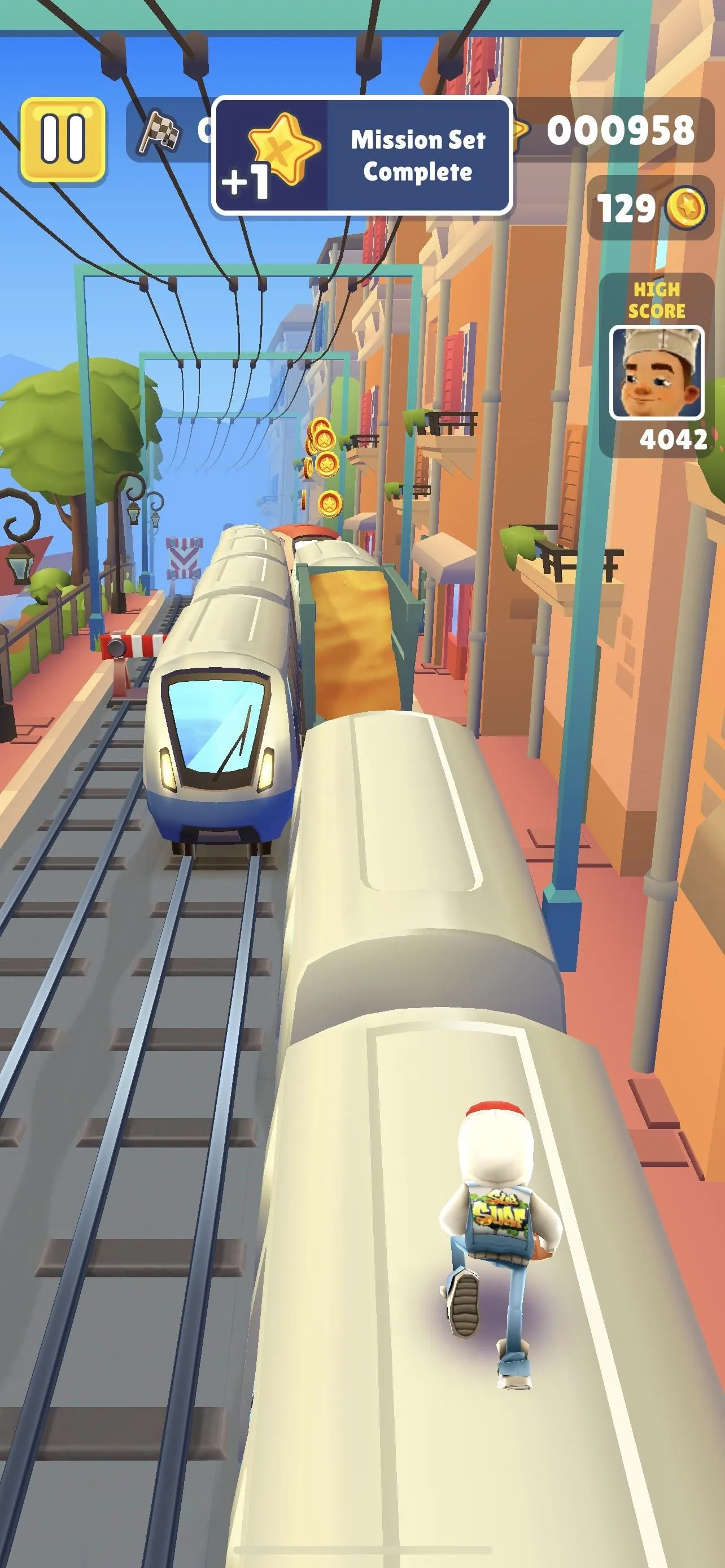 A character running on train tracks in a vibrant cityscape.