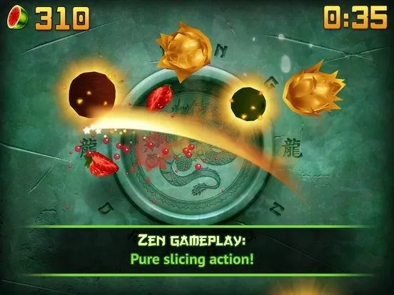 Fruit slicing game screenshot featuring action and a timer.