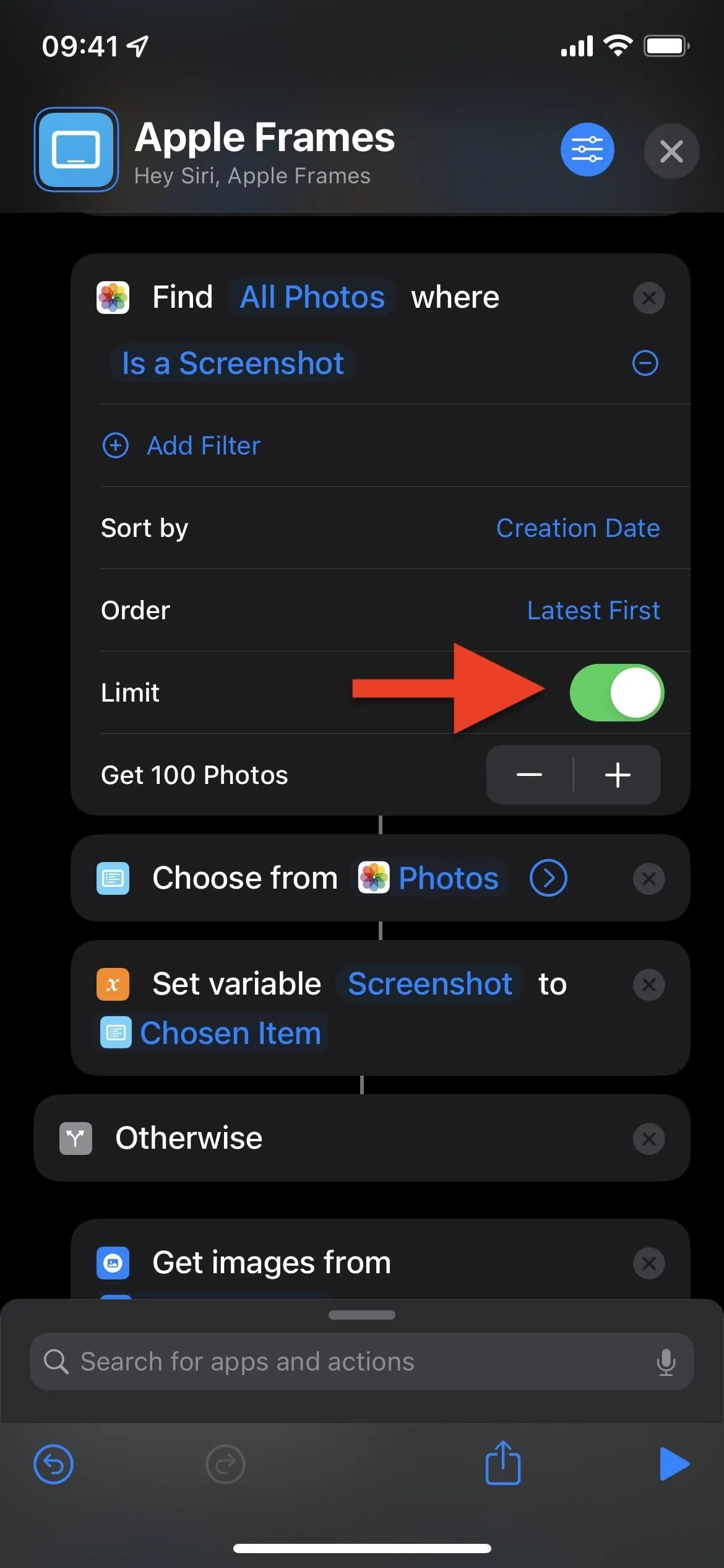 Settings menu for Apple Photos with a toggle switch highlighted.