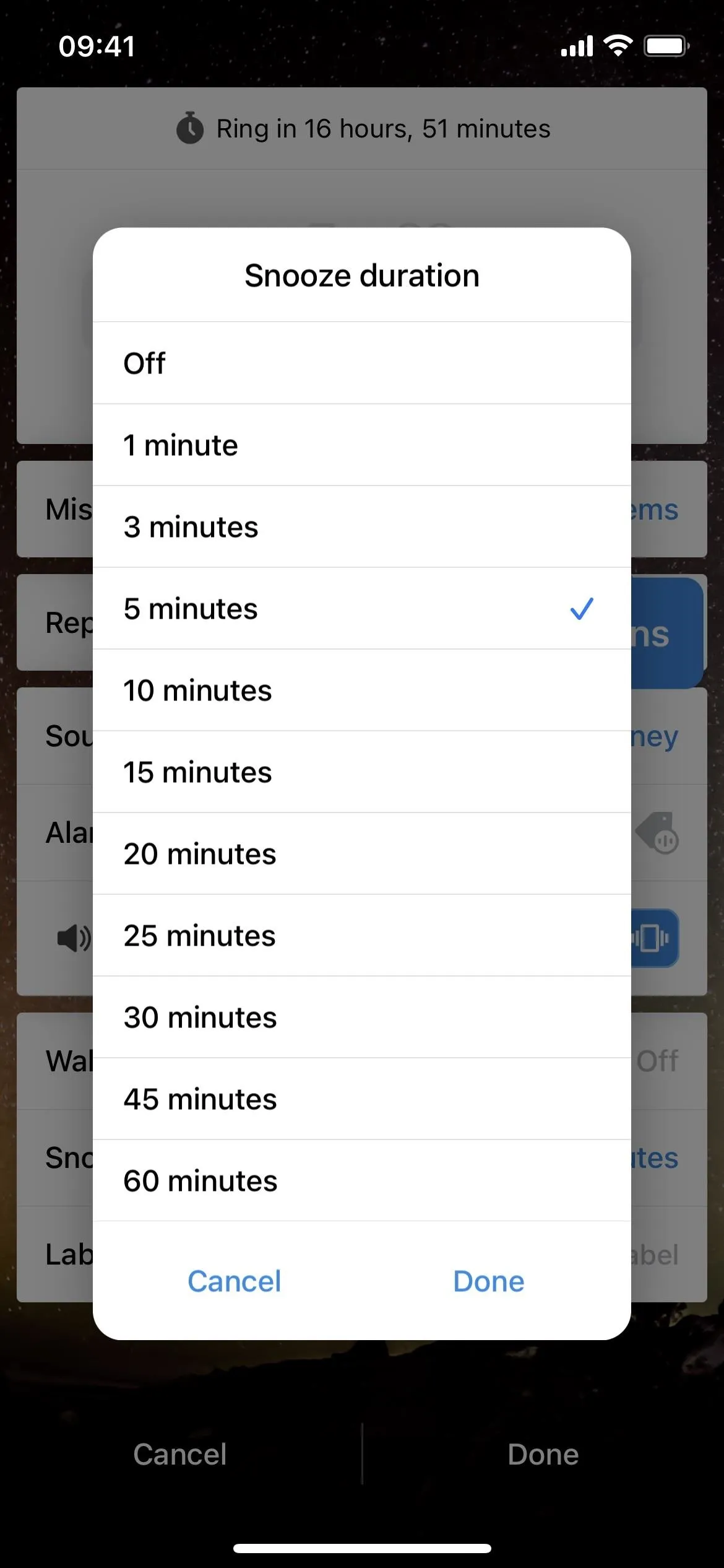 "Dropdown menu for setting smoke duration on a mobile app"