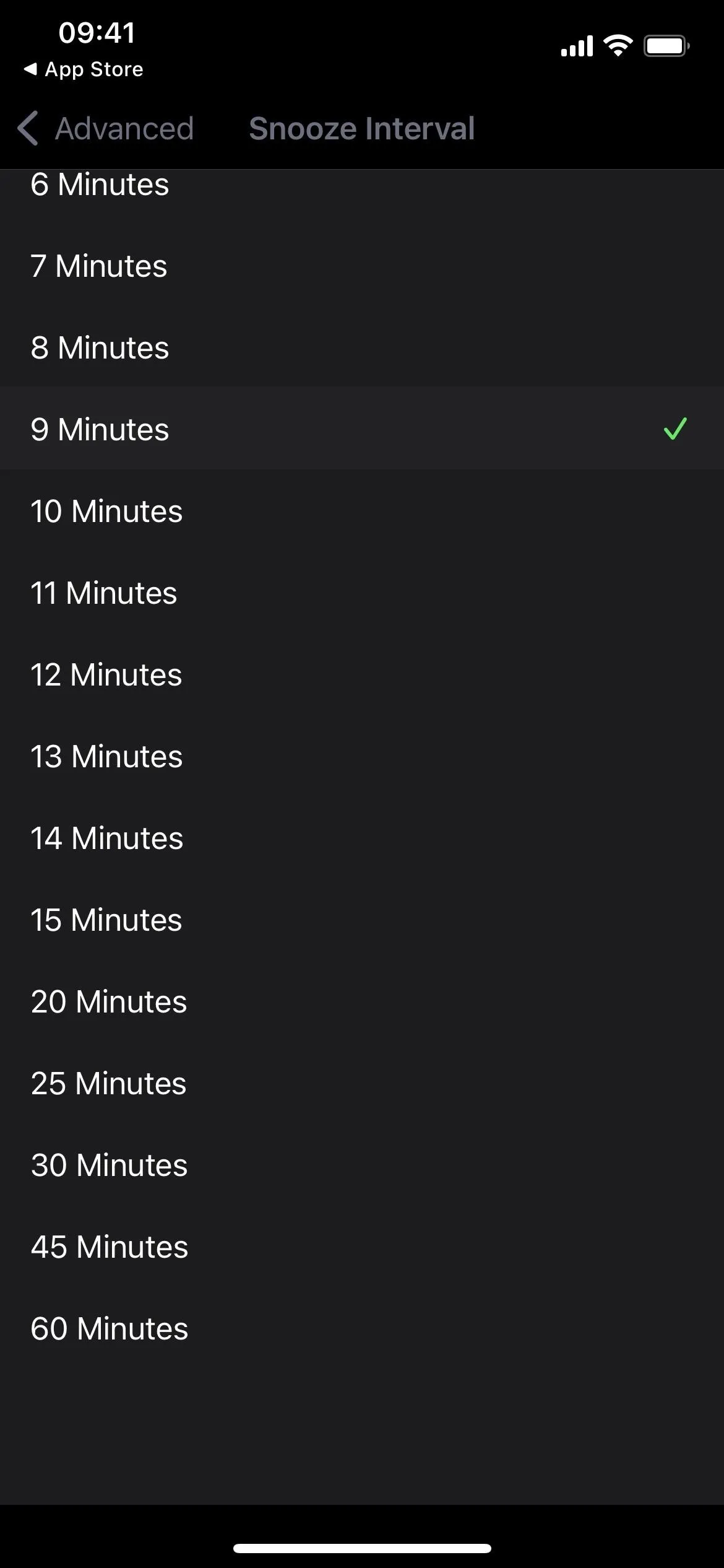 List of time durations in minutes displayed on a mobile device.