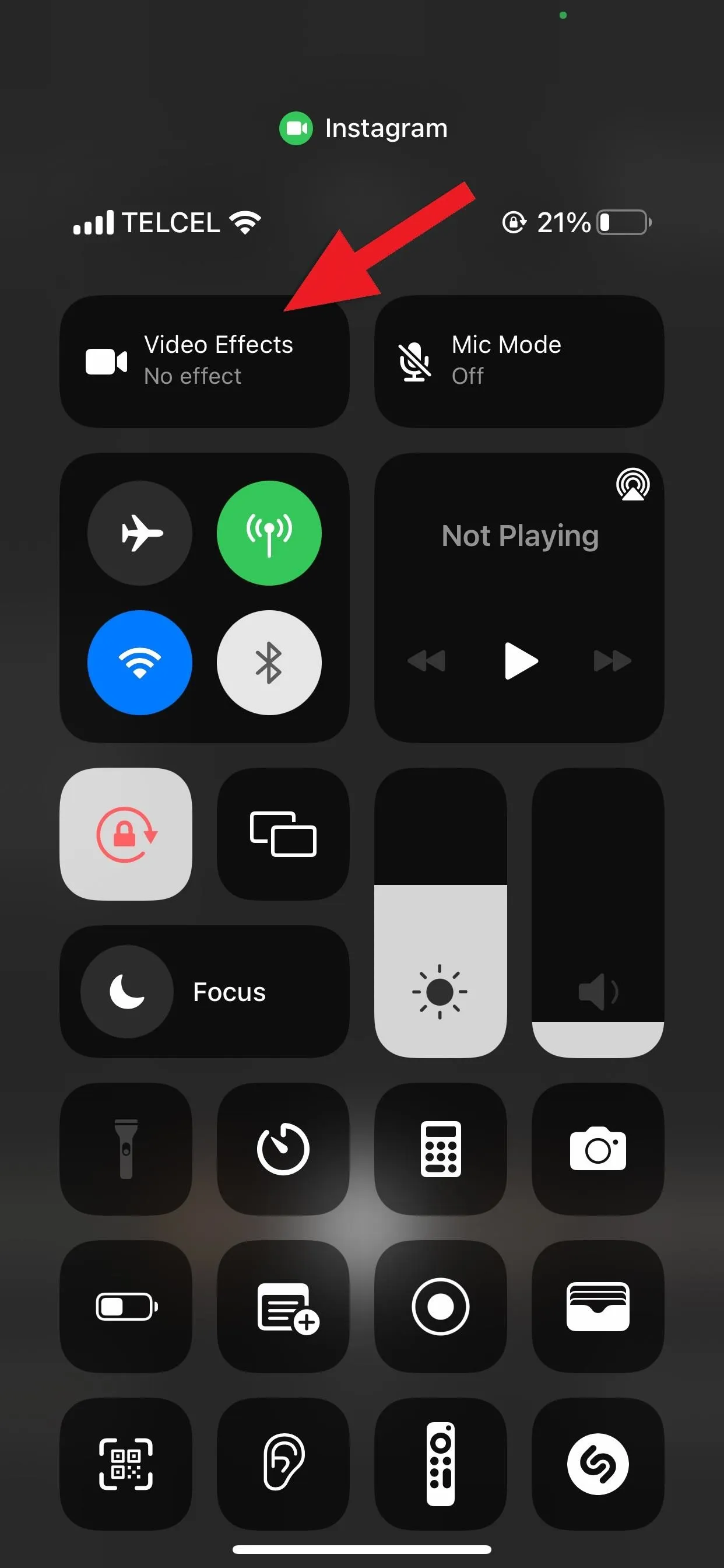 Control center interface on a smartphone displaying various settings options.
