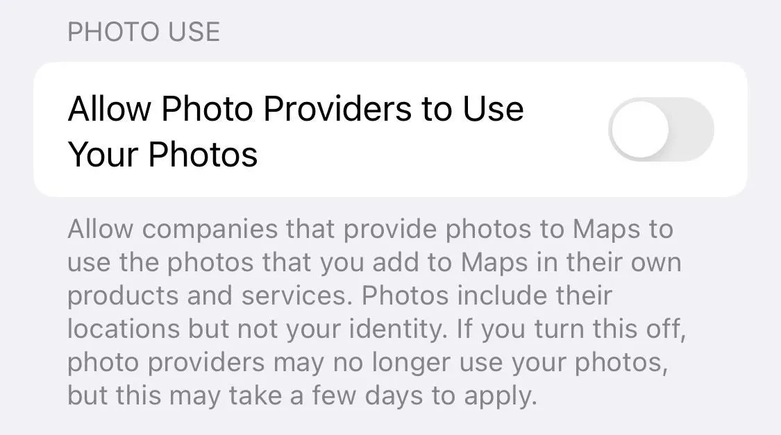 Toggle switch for allowing photo providers to use user photos with explanatory text.