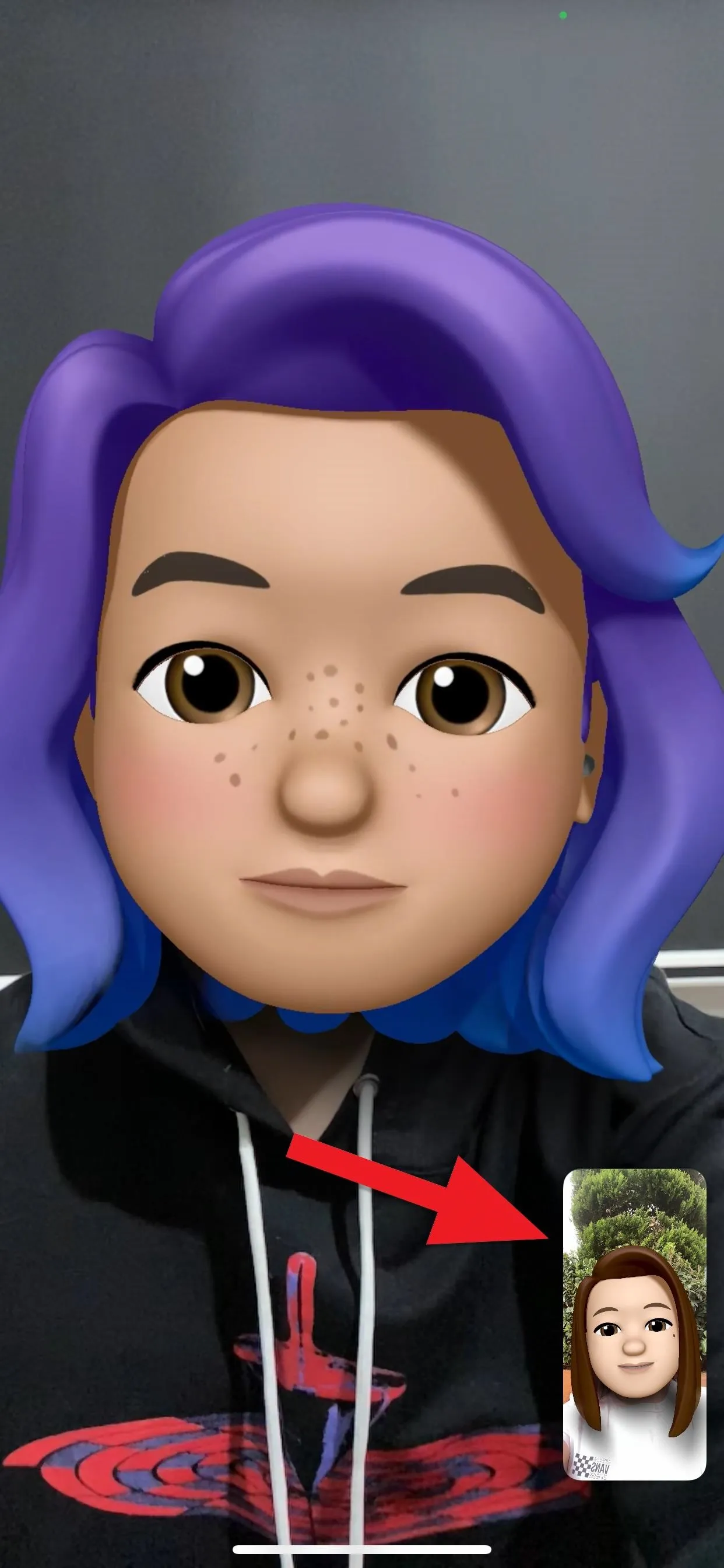 Animated character with purple hair, wearing a black jacket, pointing at a picture of a person.