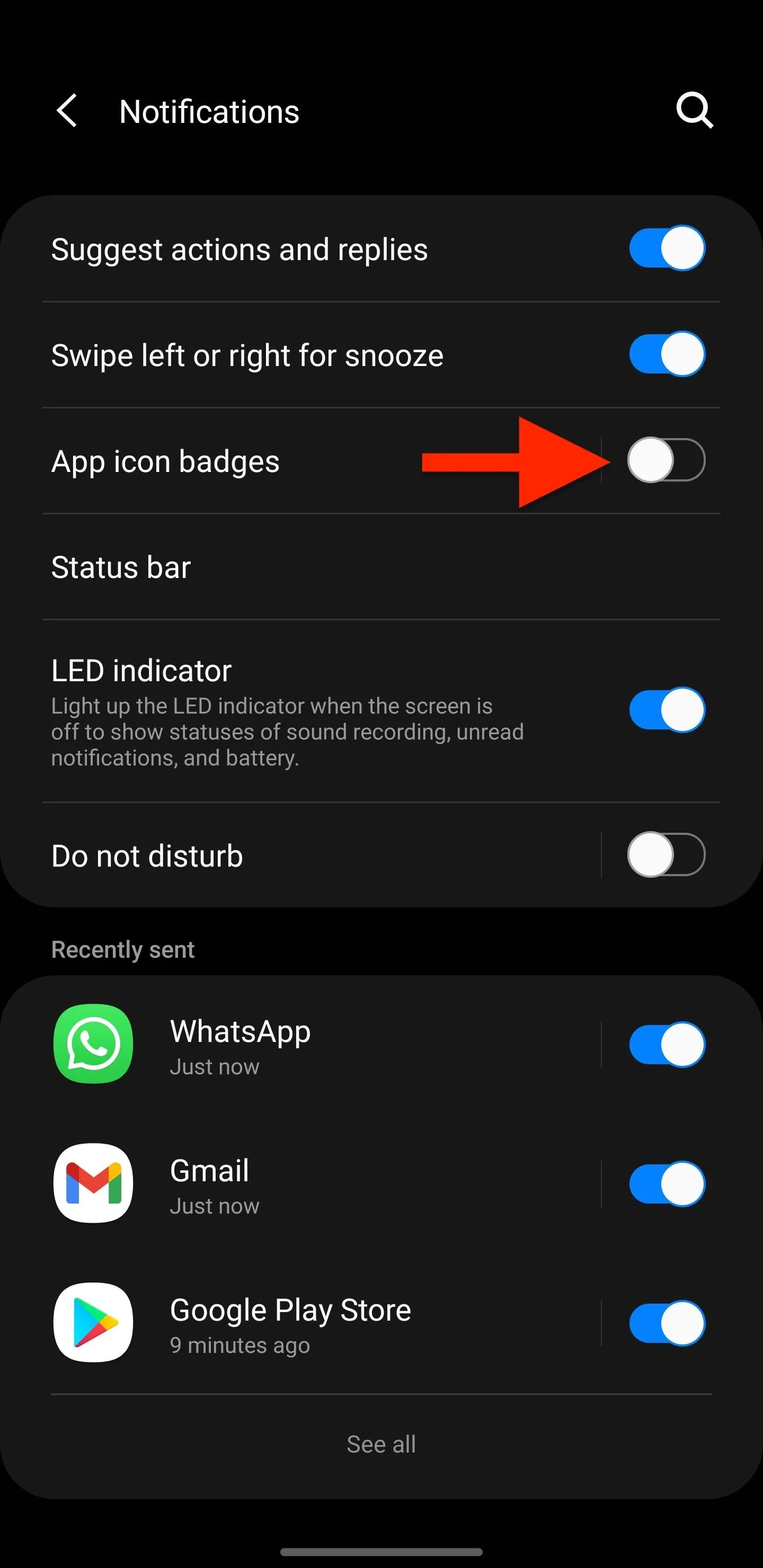 Notification settings menu on a mobile device with options for toggling features.