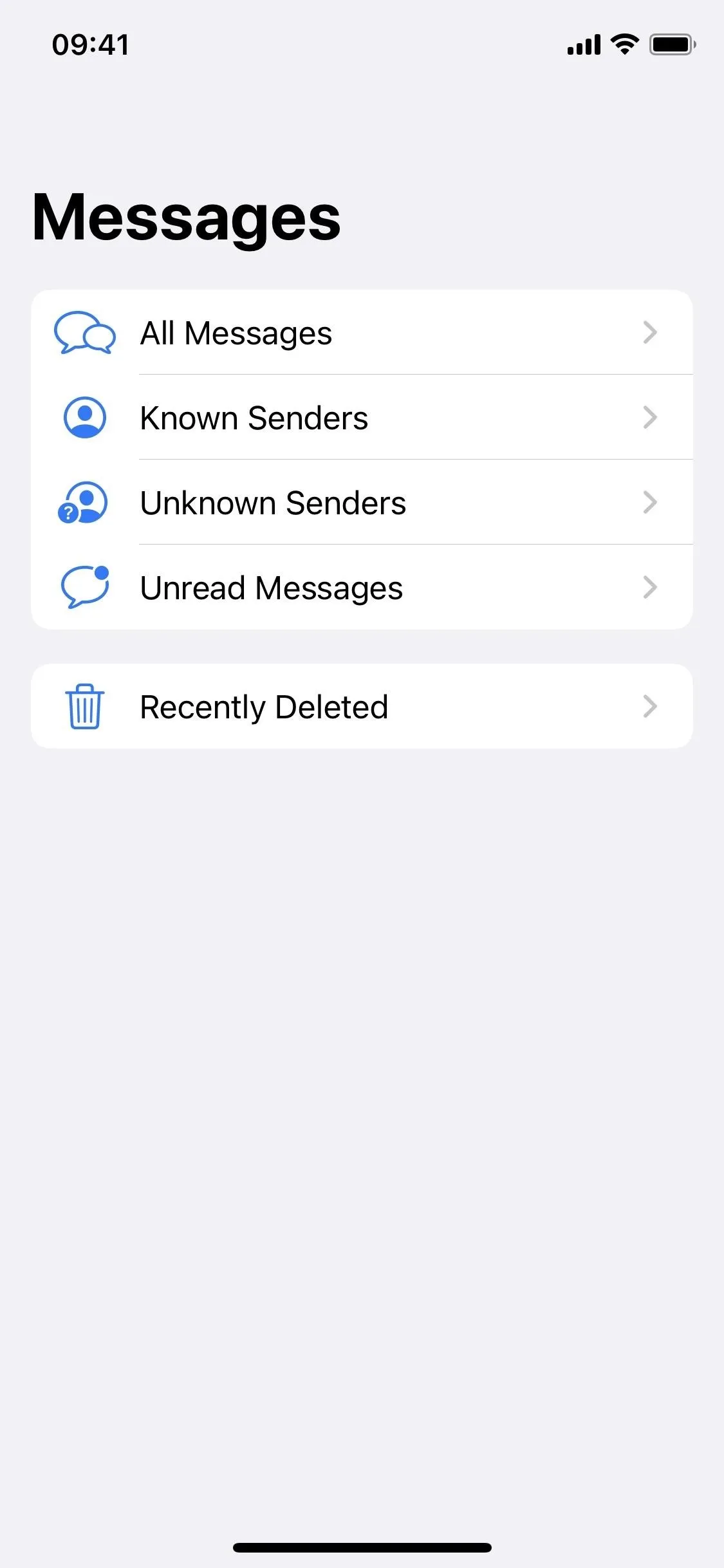 Screenshot of a messaging app interface displaying message categories.