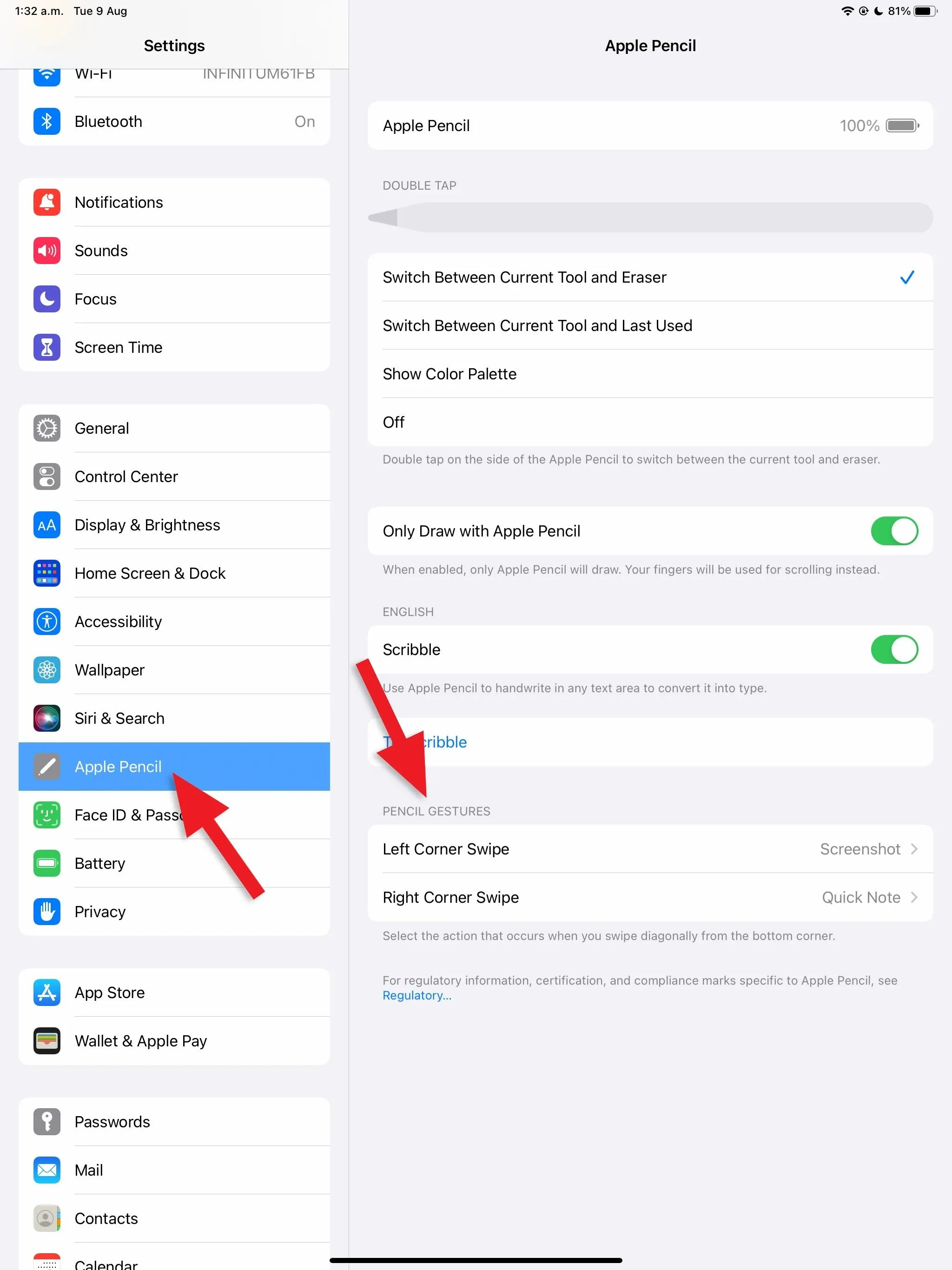 Settings menu on an iPad showing the Apple ID preferences with highlighted options.