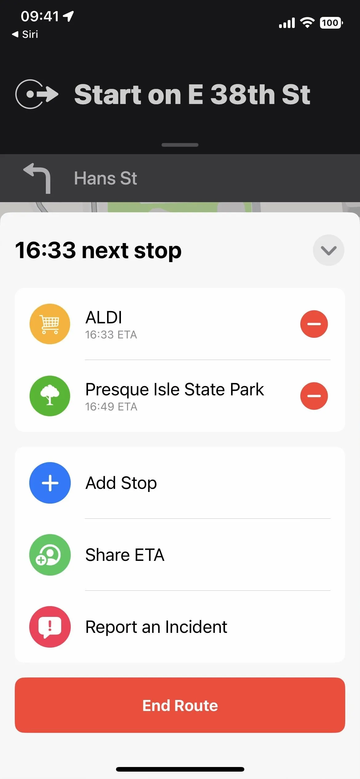 Transit app screen showing next stop details and options for reporting an incident.