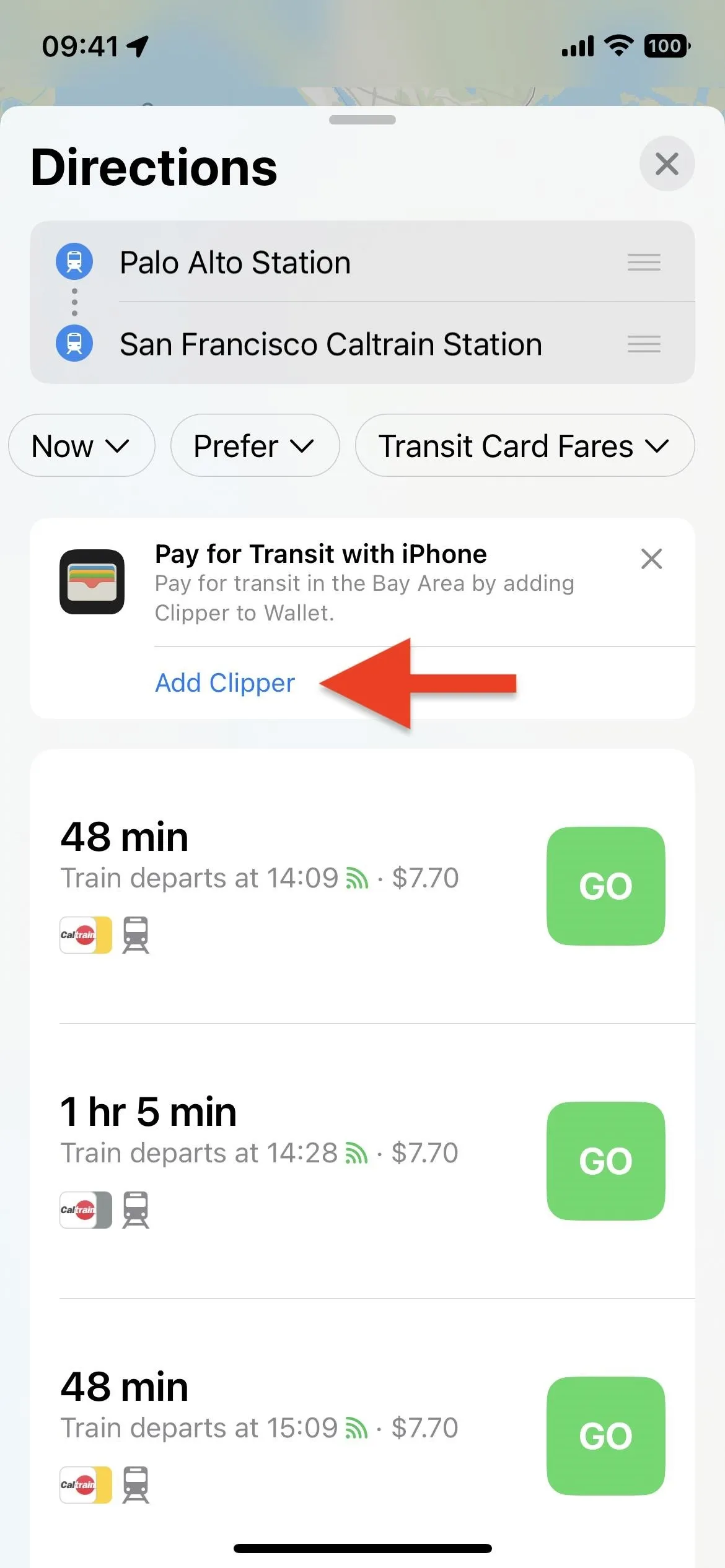Directions from one location to another on a mobile app.