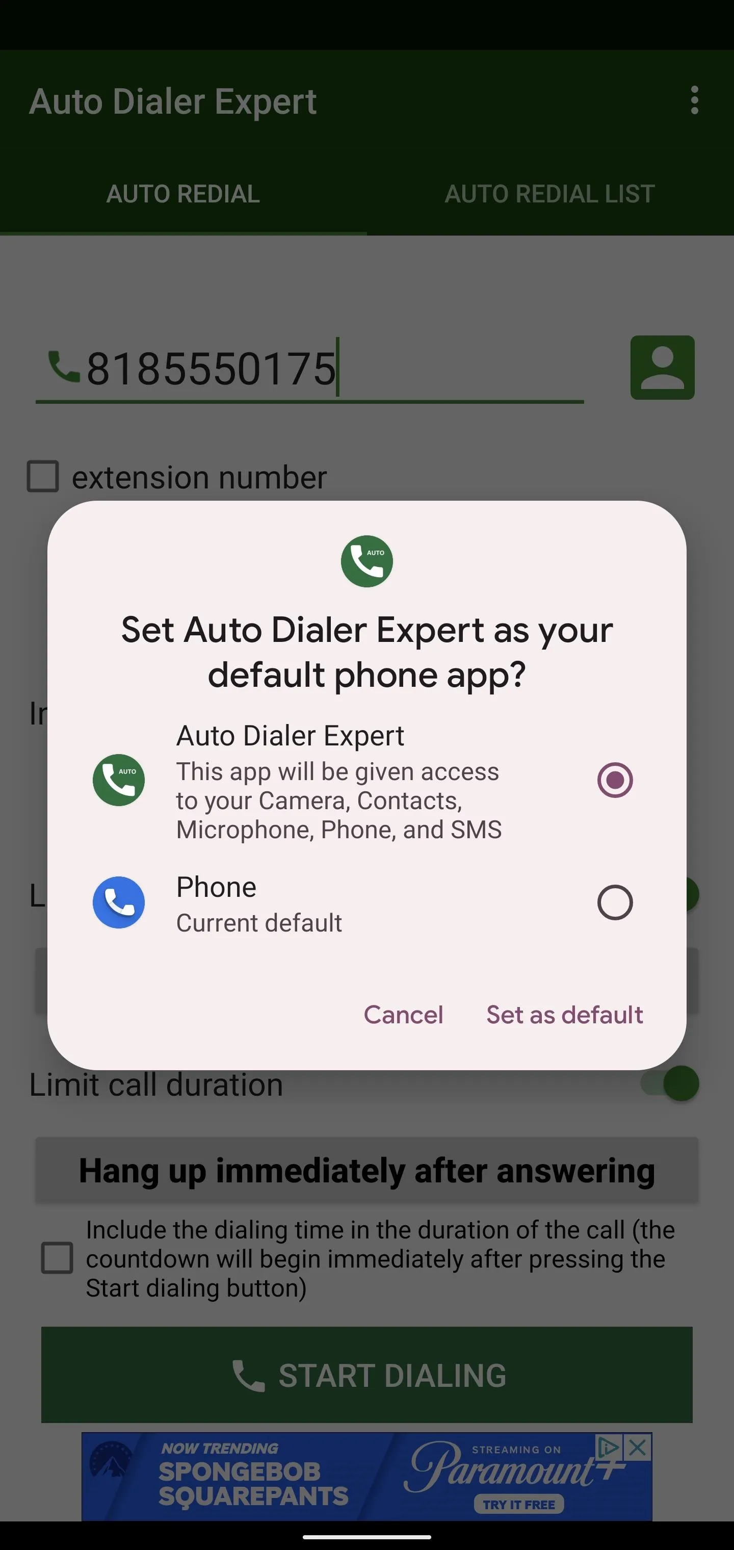 Set Auto Caller Expert as your default phone app.