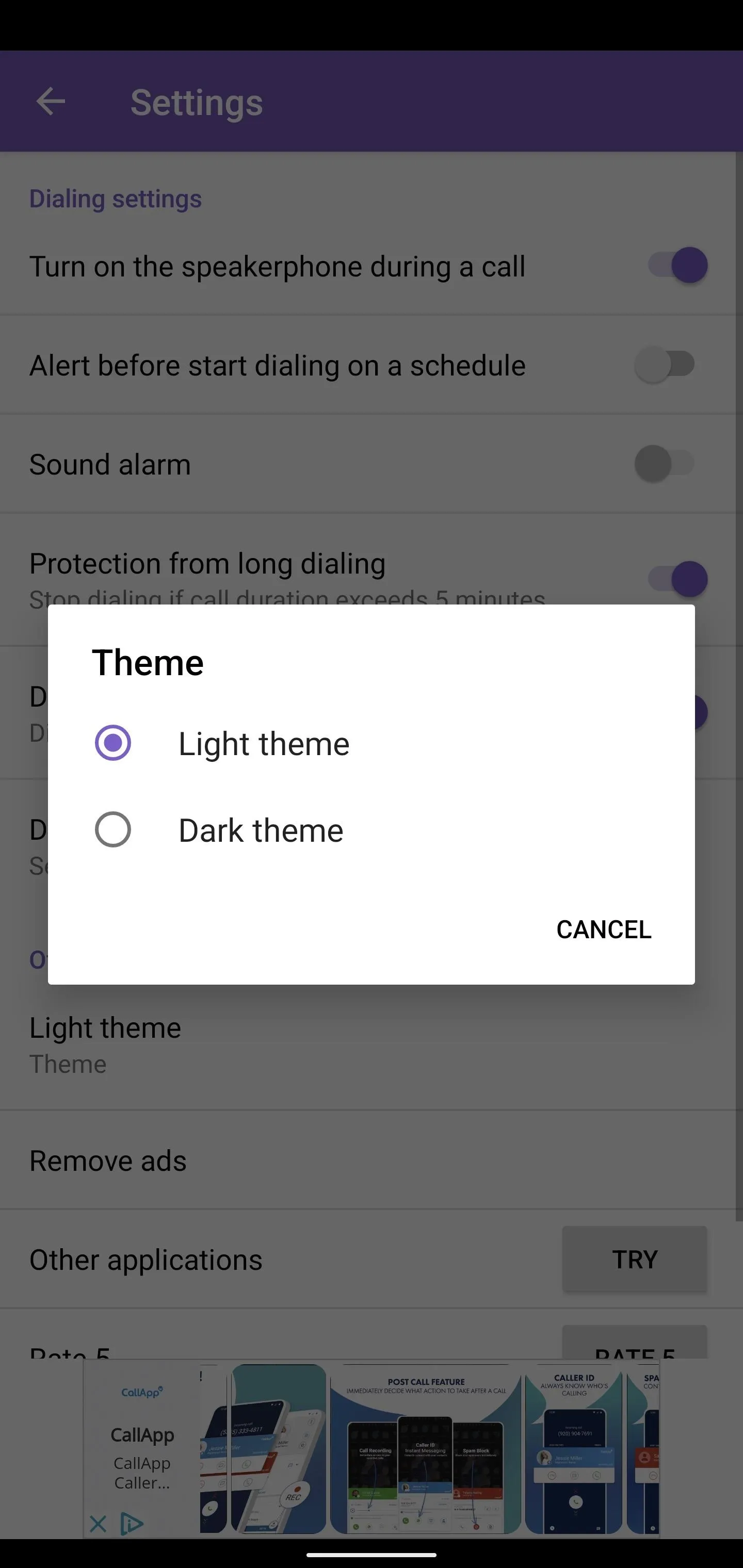 Settings menu displaying theme options: light theme and dark theme.