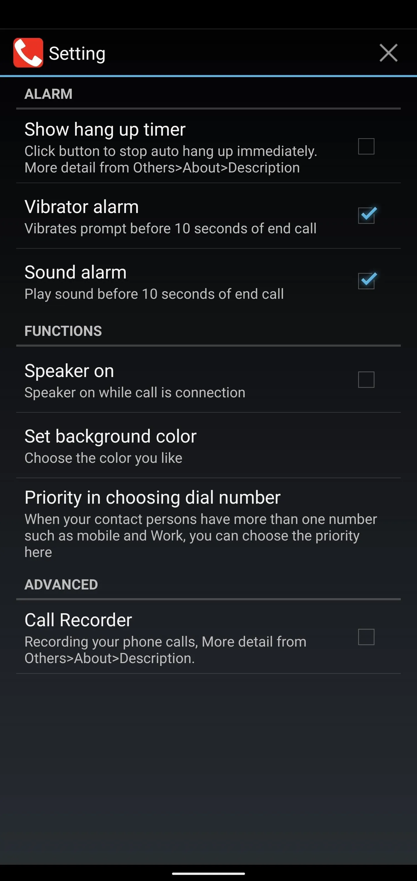 Settings menu of a mobile application showing various configuration options.