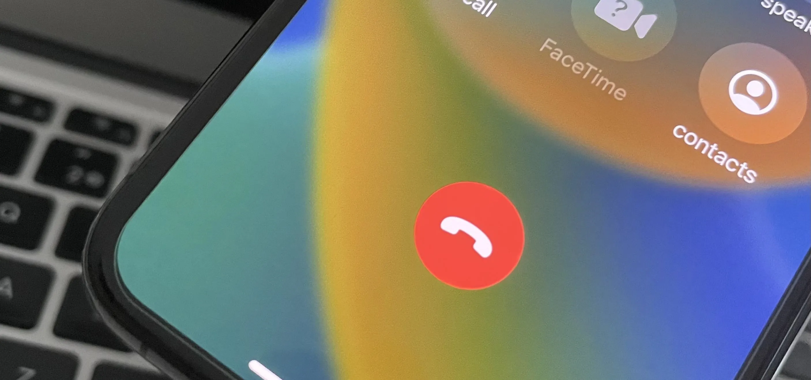 Incoming call screen on a smartphone with a red call button.